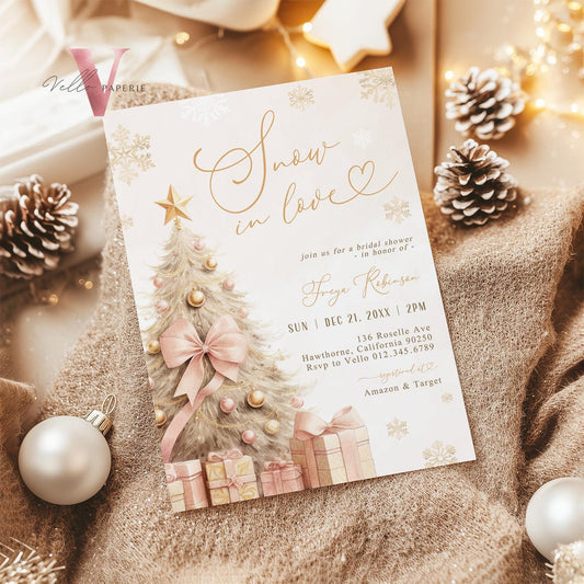 Coquette Blush Pink SNOW in LOVE Bridal Shower Invitation | Winter Snowflakes Gold Christmas Tree Bride to Be, Couple Wedding Shower WBD01