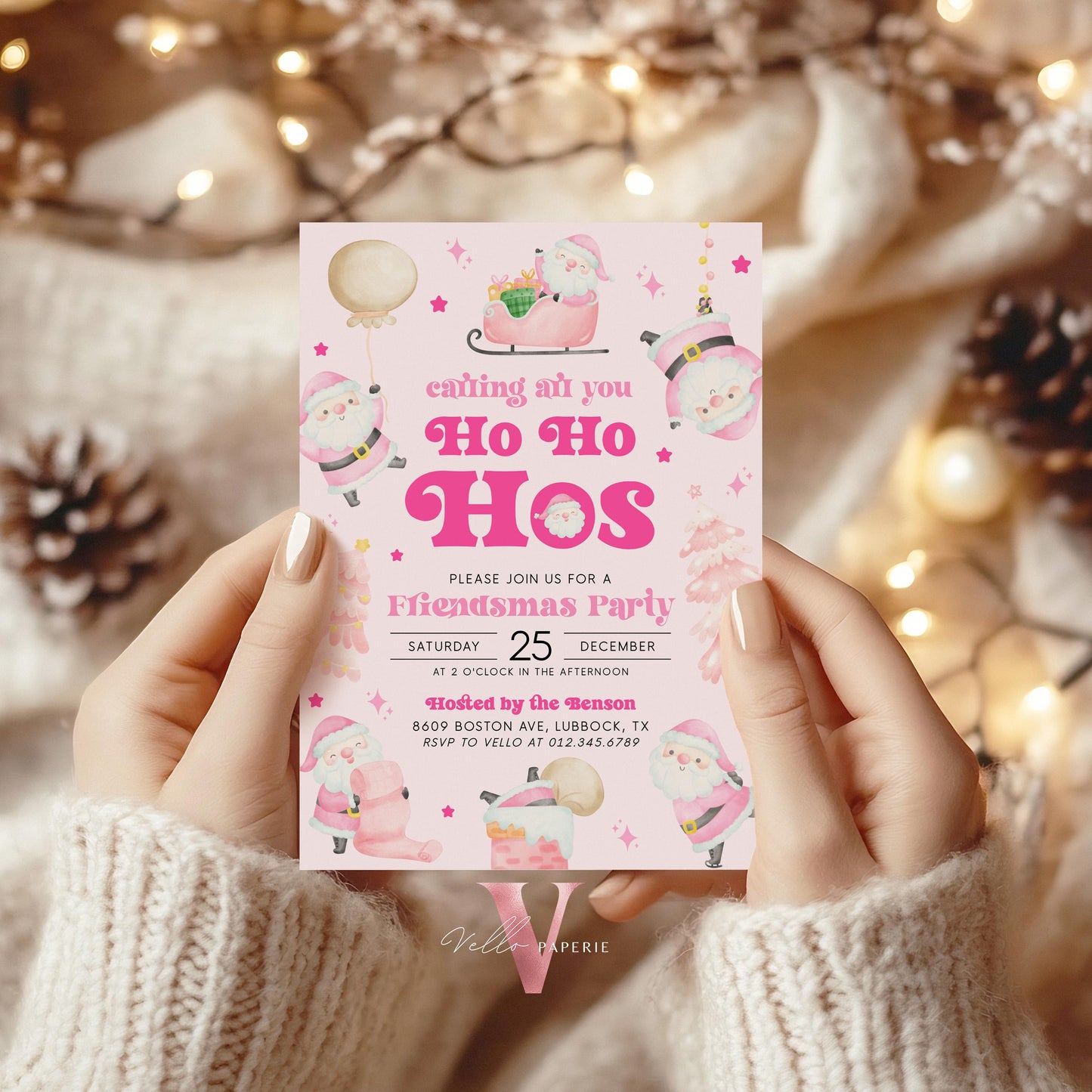Free EVITE Funny Santa Christmas Party Invitation | Calling All You Ho Ho Ho Pink Santa Invite | Fun Winter Holiday Friendsmas Party CHP01