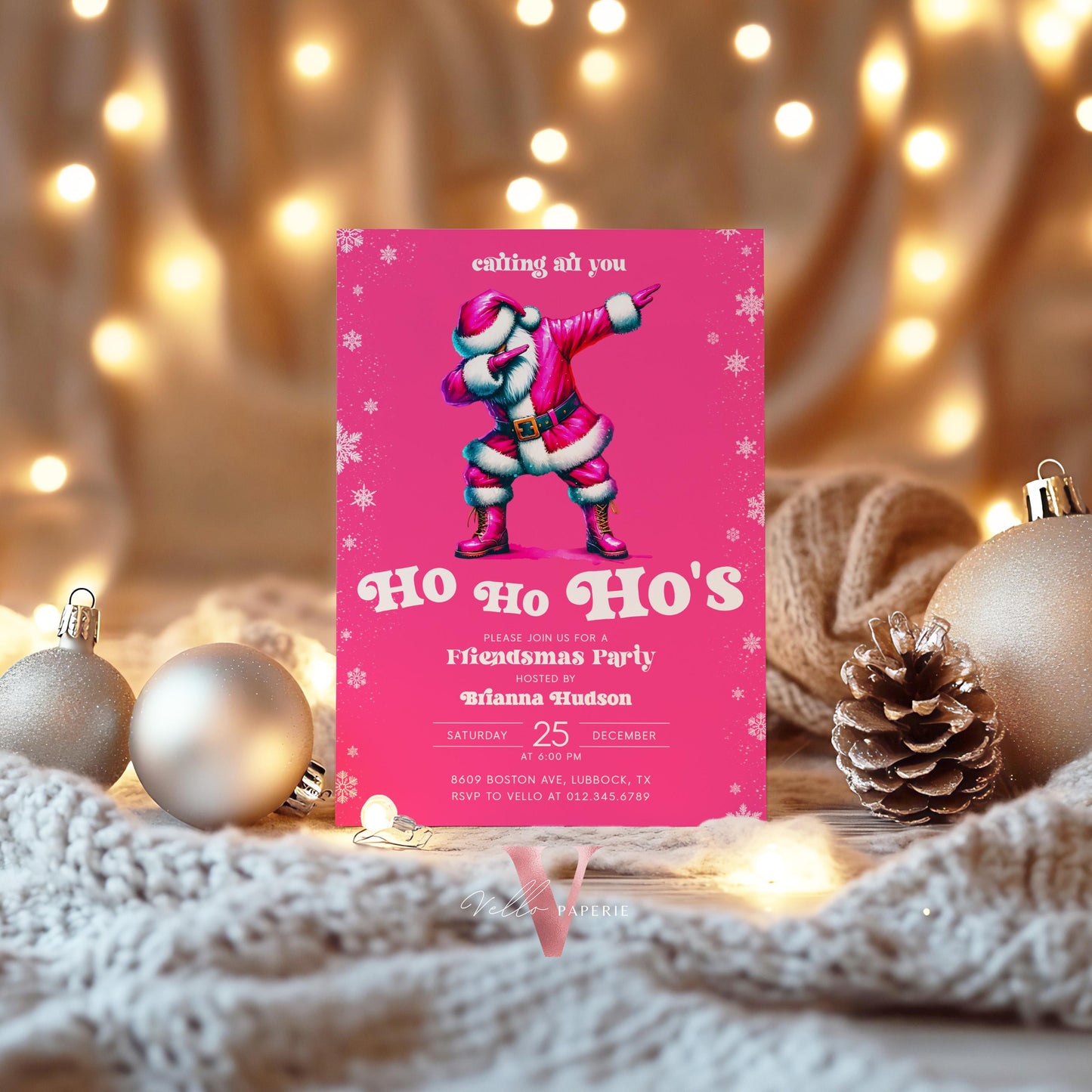 Free EVITE Funny Santa Christmas Party Invitation | Calling All You Ho Ho Ho Pink Santa Invite | Fun Winter Holiday Friendsmas Party CHP01