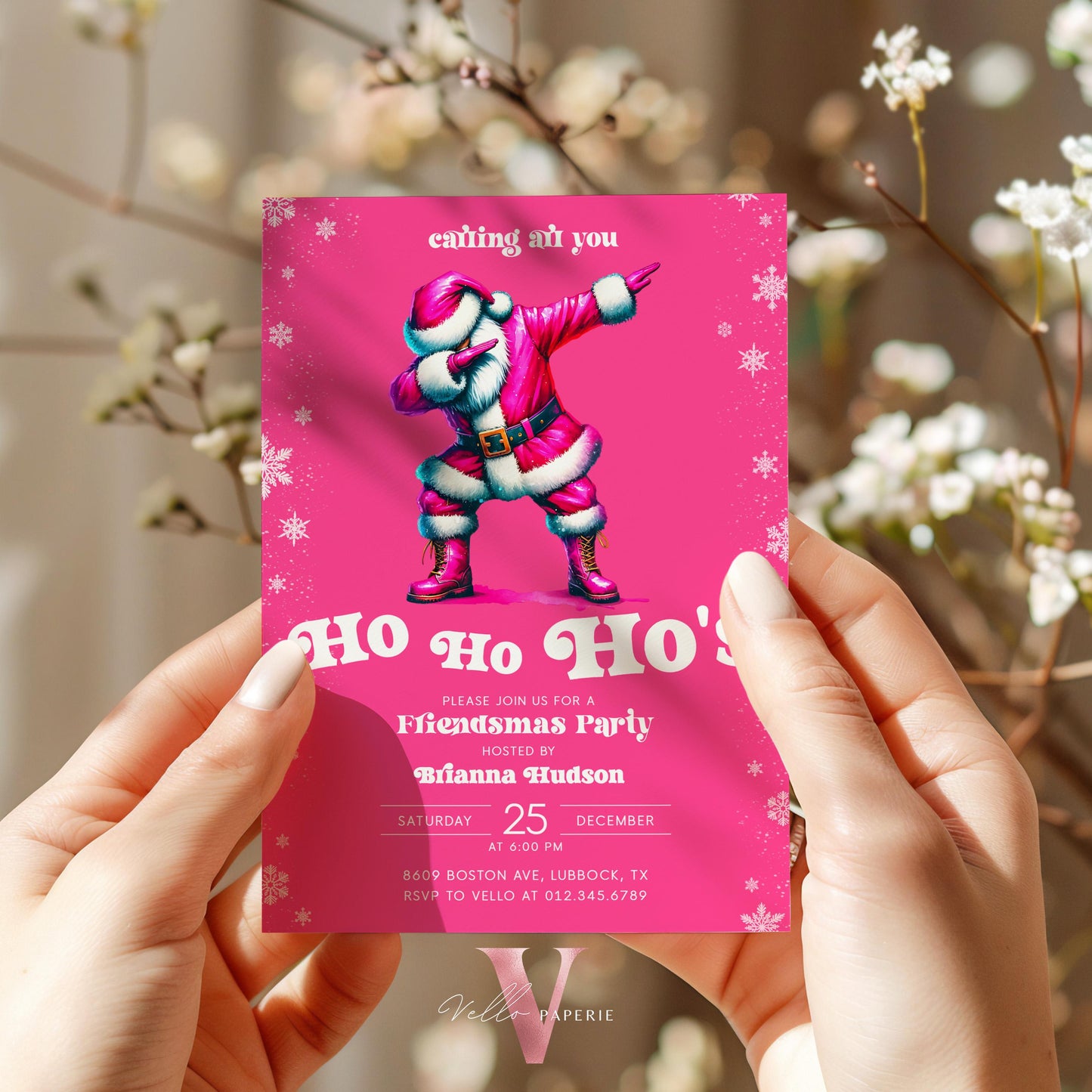 Free EVITE Funny Santa Christmas Party Invitation | Calling All You Ho Ho Ho Pink Santa Invite | Fun Winter Holiday Friendsmas Party CHP01