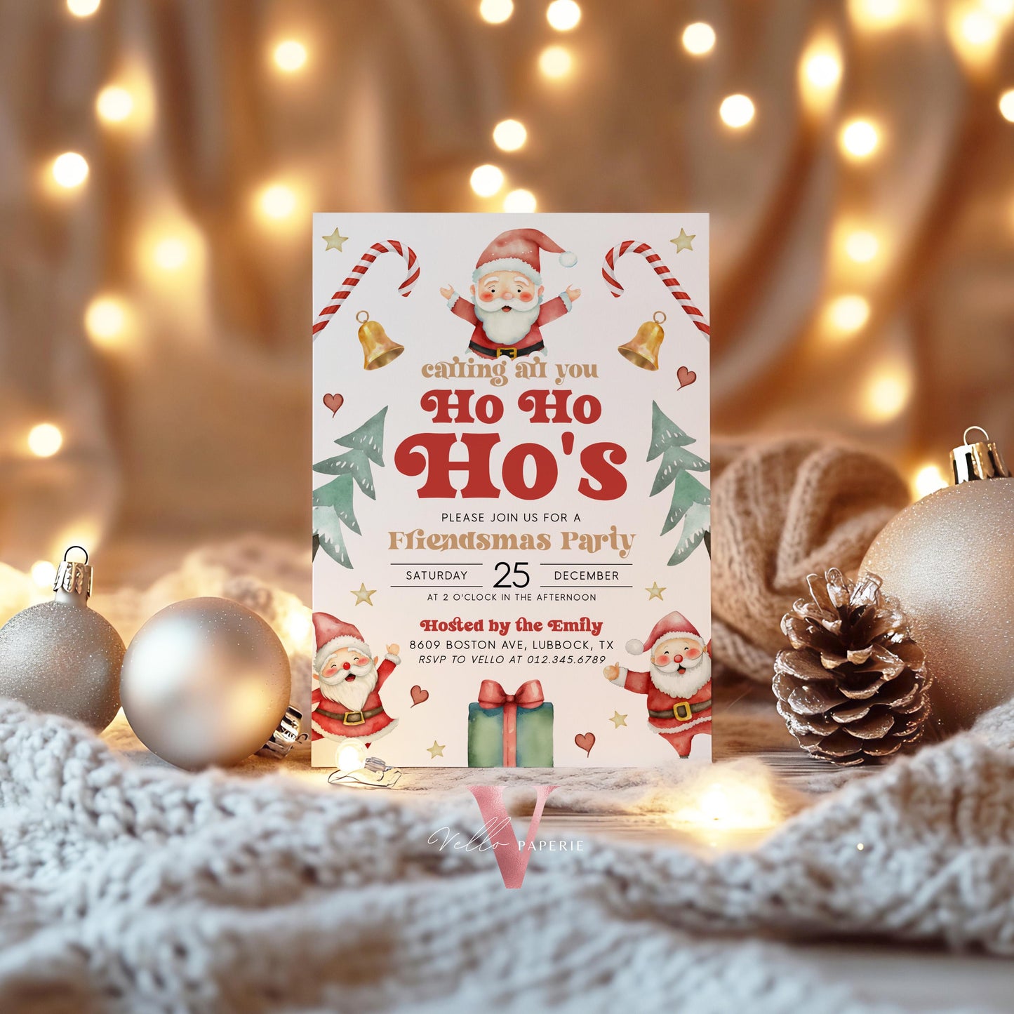 Free EVITE Cute Santa Christmas Party Invitation | Calling All You Ho Ho Ho Red Santa Invite | Fun Winter Holiday Friendsmas Party CHP01