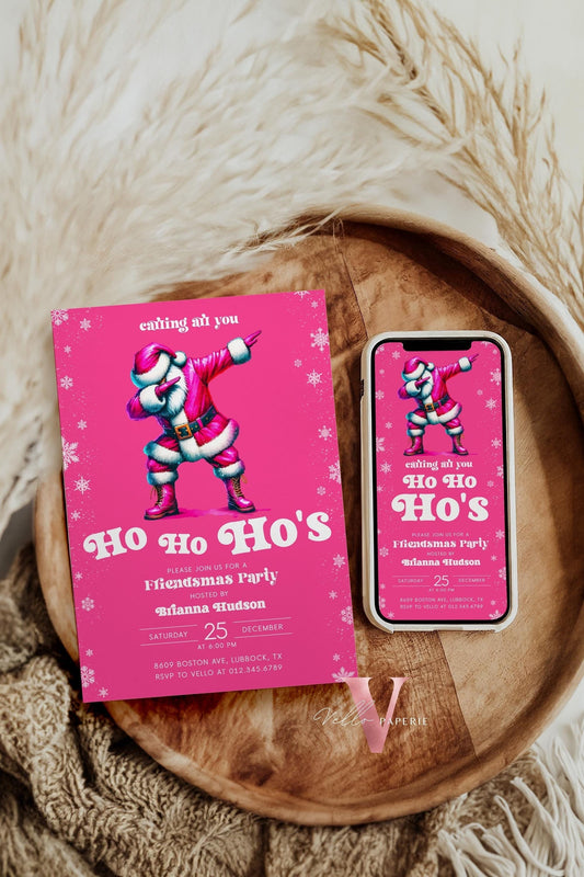 Free EVITE Funny Santa Christmas Party Invitation | Calling All You Ho Ho Ho Pink Santa Invite | Fun Winter Holiday Friendsmas Party CHP01
