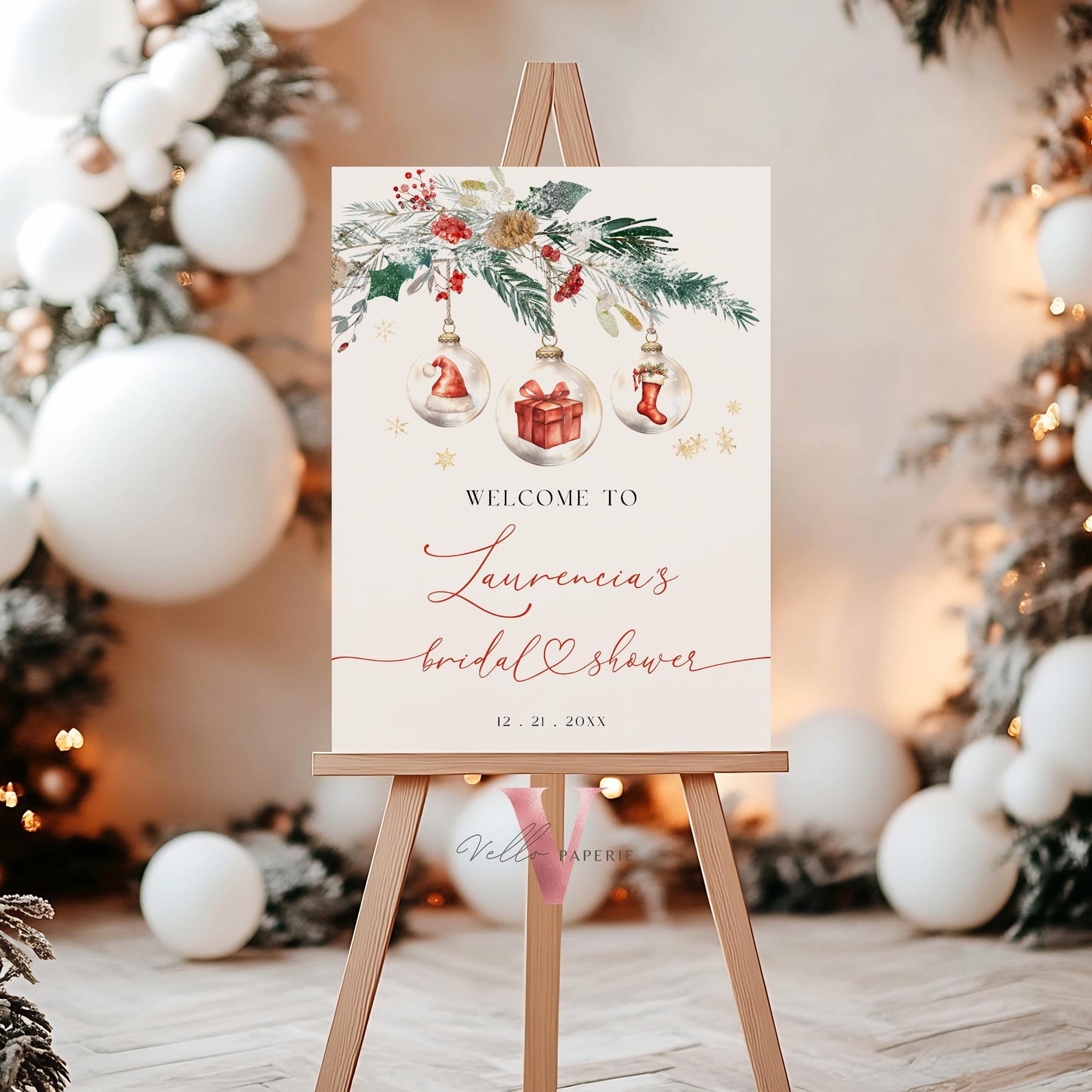 Merry Little Bridal Shower Welcome Sign | Winter Snow Neutral Bride to Be Party Decor Sign | Modern Red Silver Christmas Tree Glass WBD01
