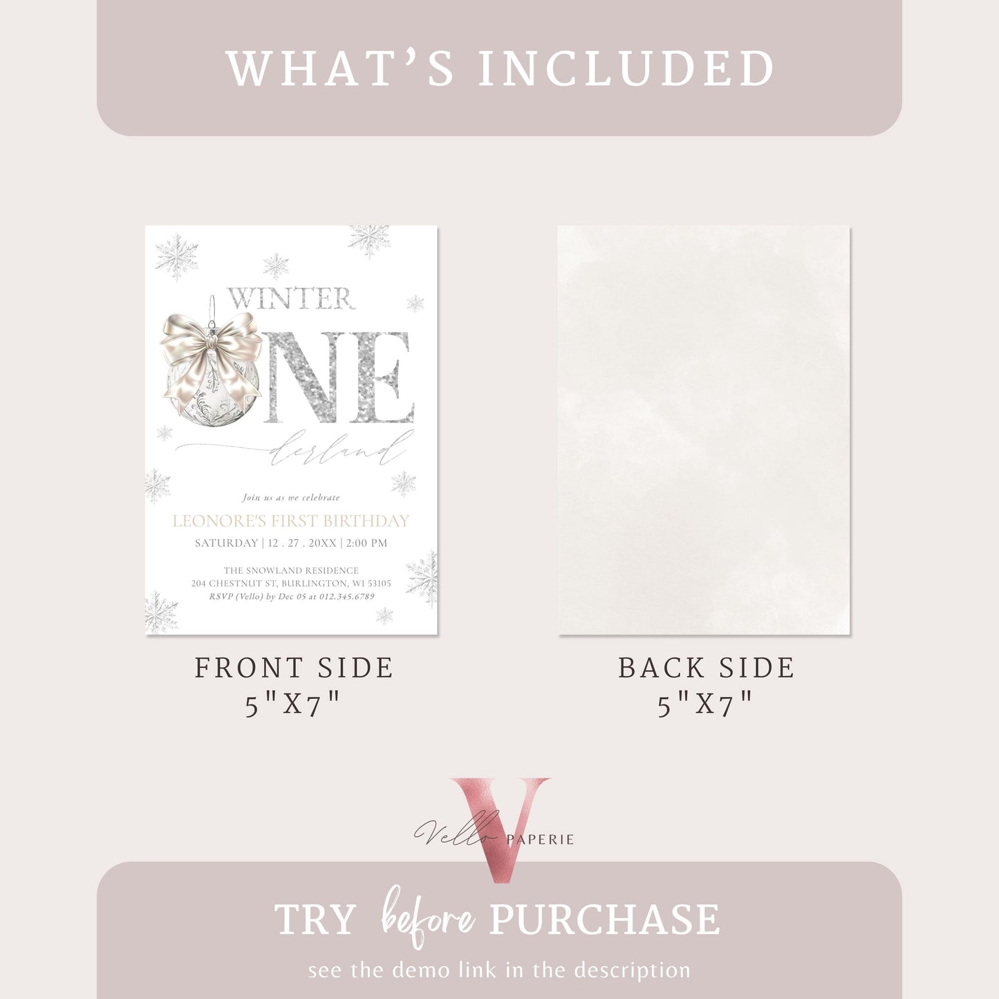 Editable Coquette WINTER ONEderland Invitation | Neutral Silver Winter Wonderland Invite | Snowflake First Birthday Party Bow Christmas Ball