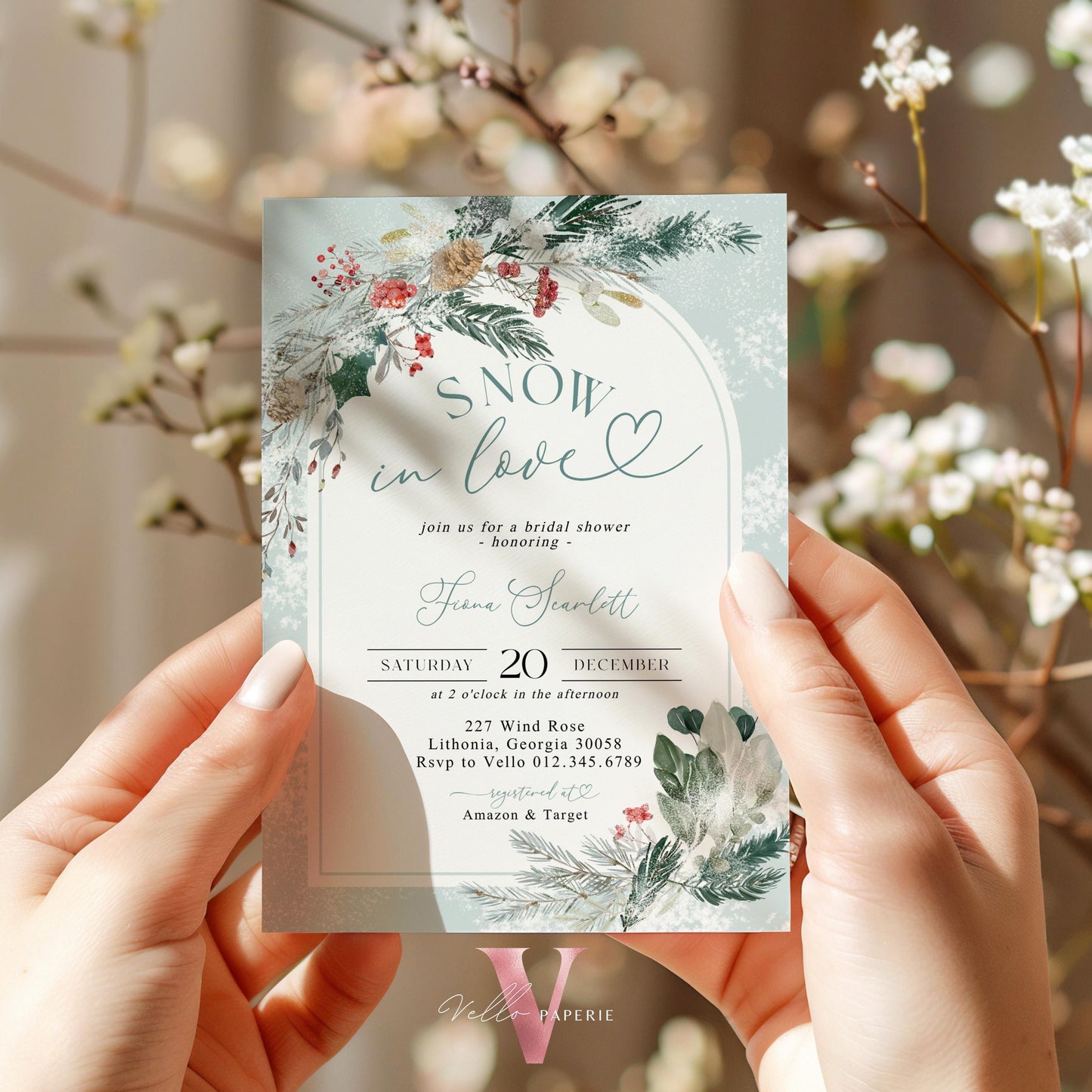 Editable Neutral SNOW in LOVE Bridal Shower Invitation | Winter Snowflakes Christmas Floral Bride to Be, Couple Shower, Wedding Shower WBD01