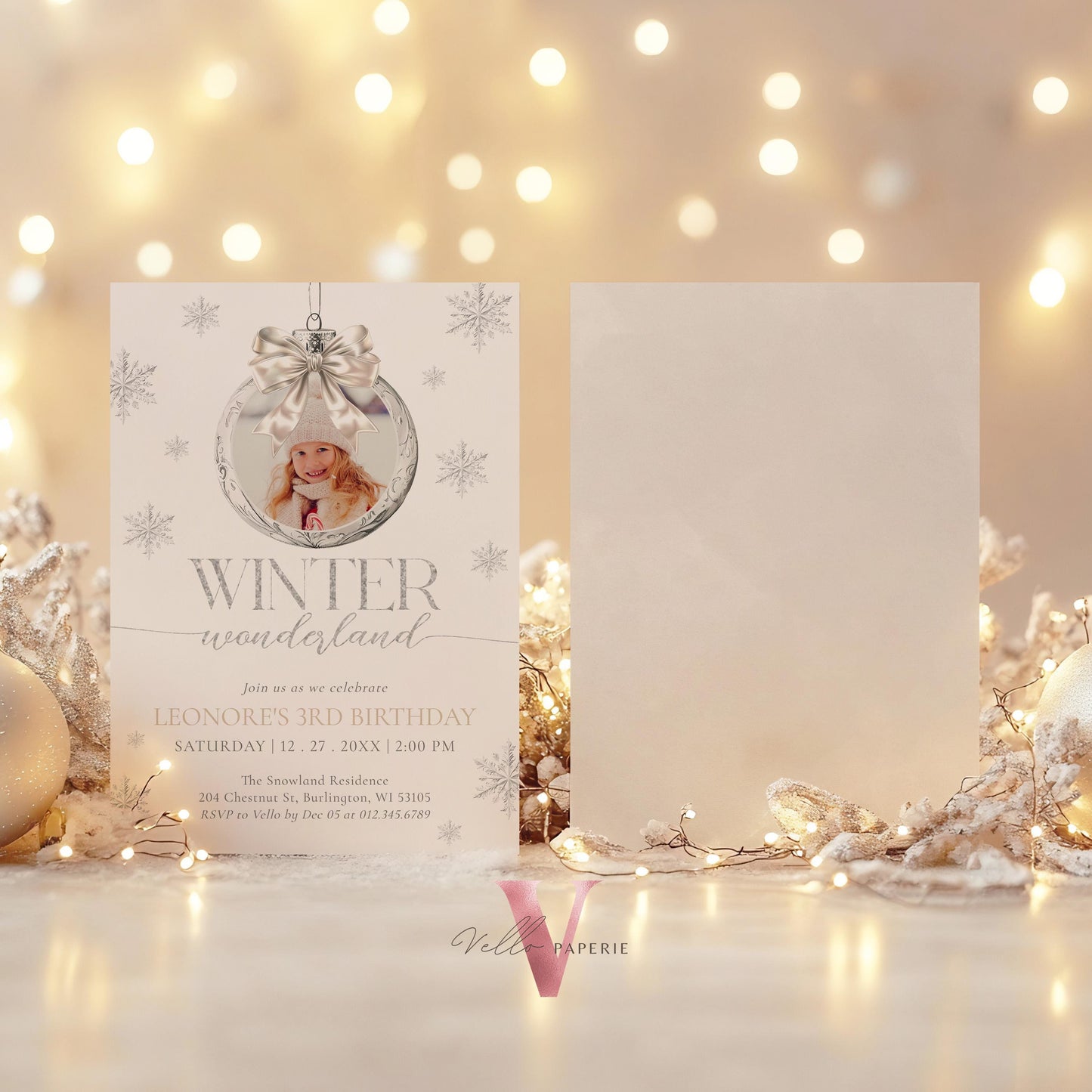 Editable Photo Coquette WINTER Wonderland Invitation | ANY AGE Silver Winter Wonderland Invite | Snowflake Birthday Party Bow Christmas Ball