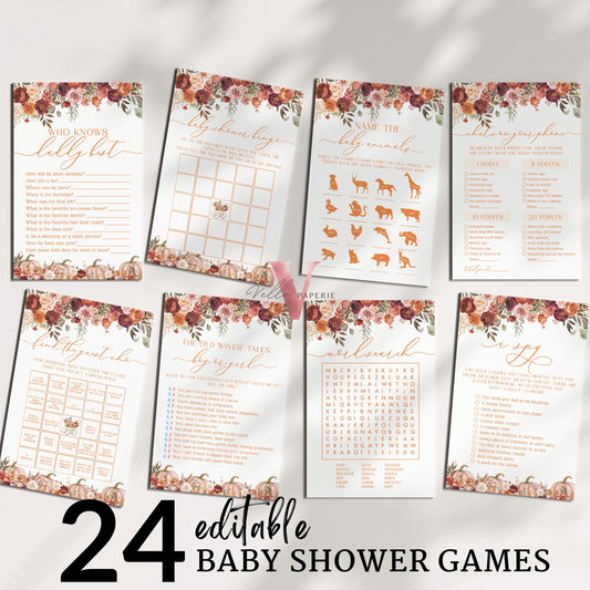 Editable Pumpkin FALL in Love BABY Shower Games & Activities Bundle | Autumn Floral Pumpkin Games Set | Flower Pumpkin Party Favors, FPB02