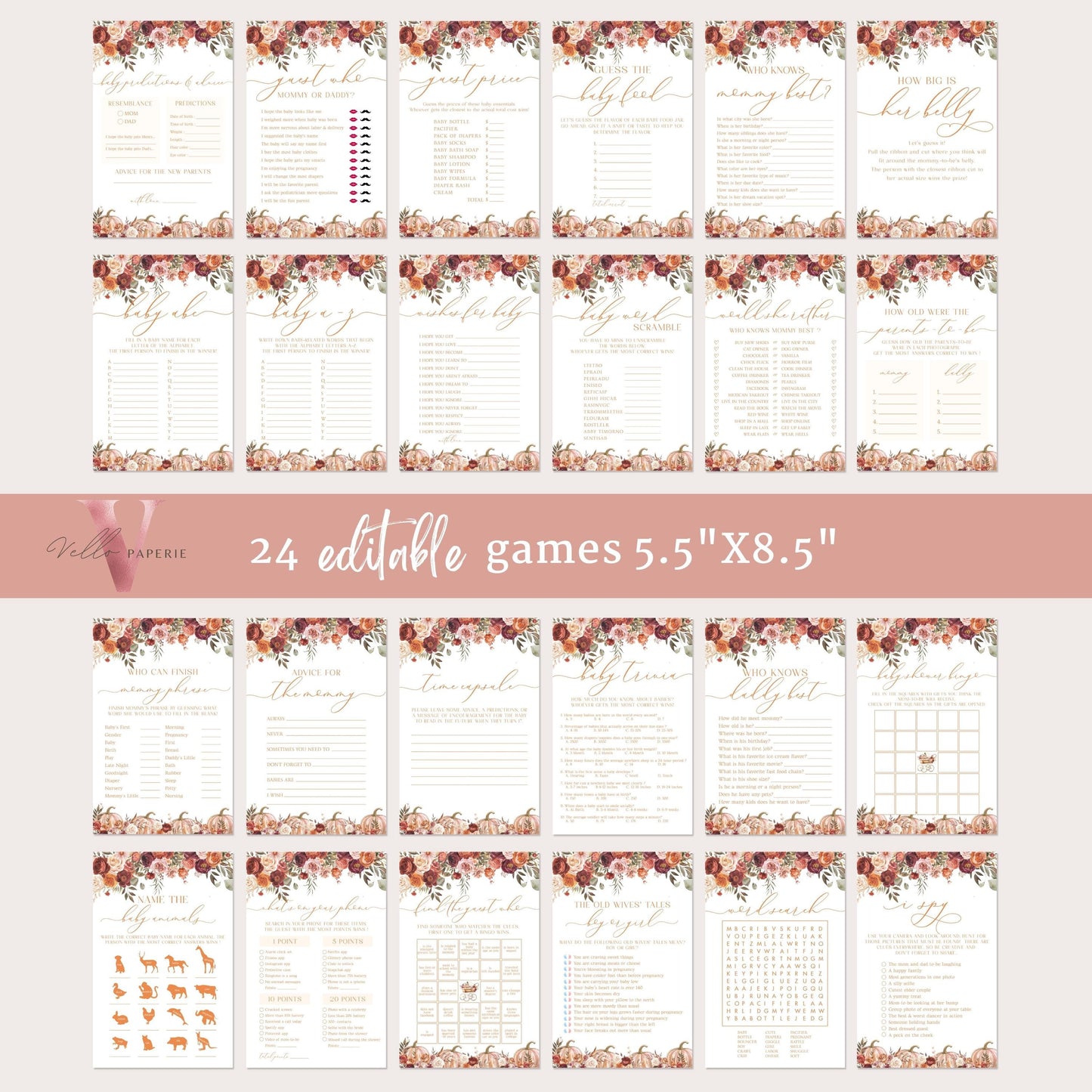 Editable Pumpkin FALL in Love BABY Shower Games & Activities Bundle | Autumn Floral Pumpkin Games Set | Flower Pumpkin Party Favors, FPB02