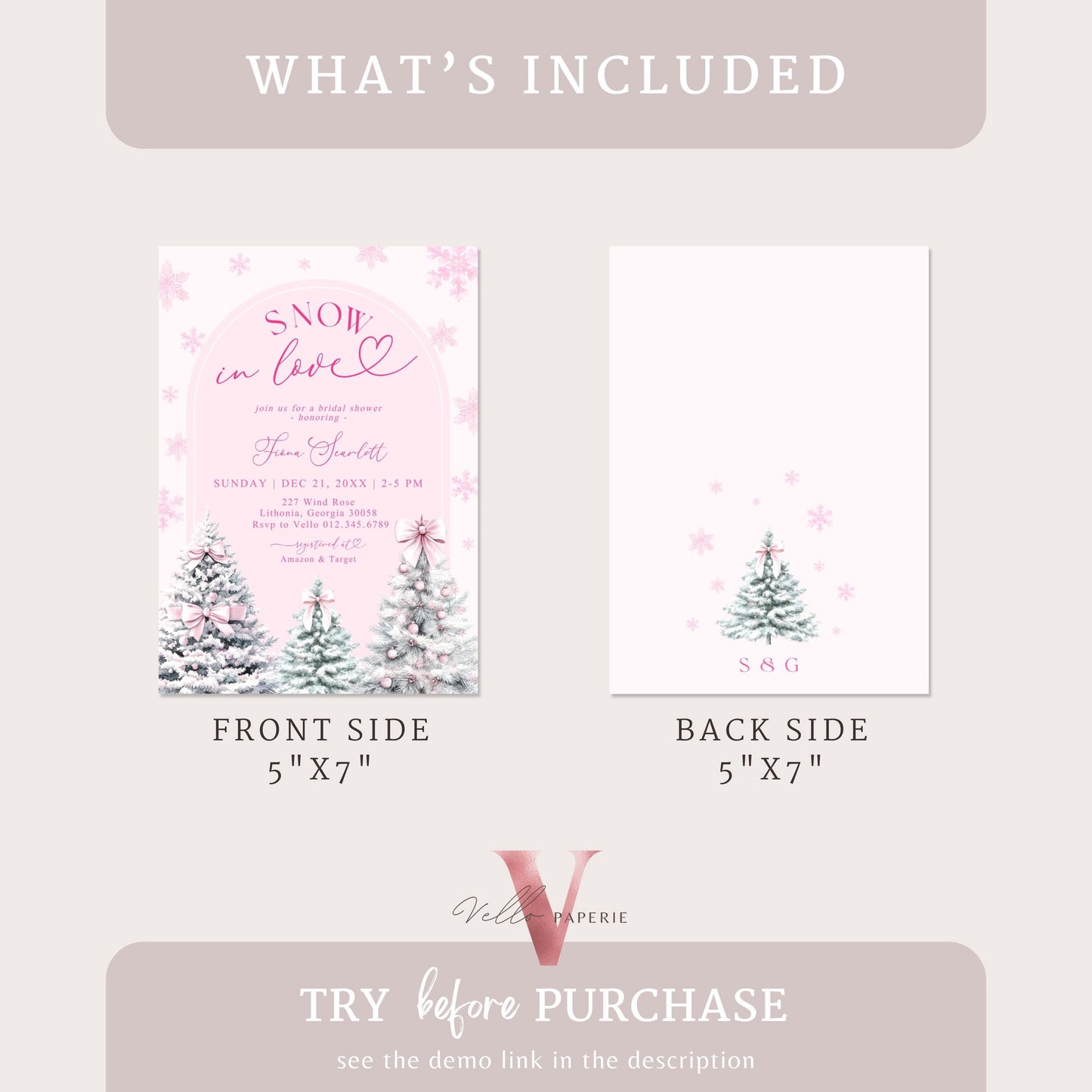 Coquette Pink SNOW in LOVE Bridal Shower Invitation | Winter Snowflakes Pink Christmas Tree Bride to Be, Couple Shower, Wedding Shower WBD01