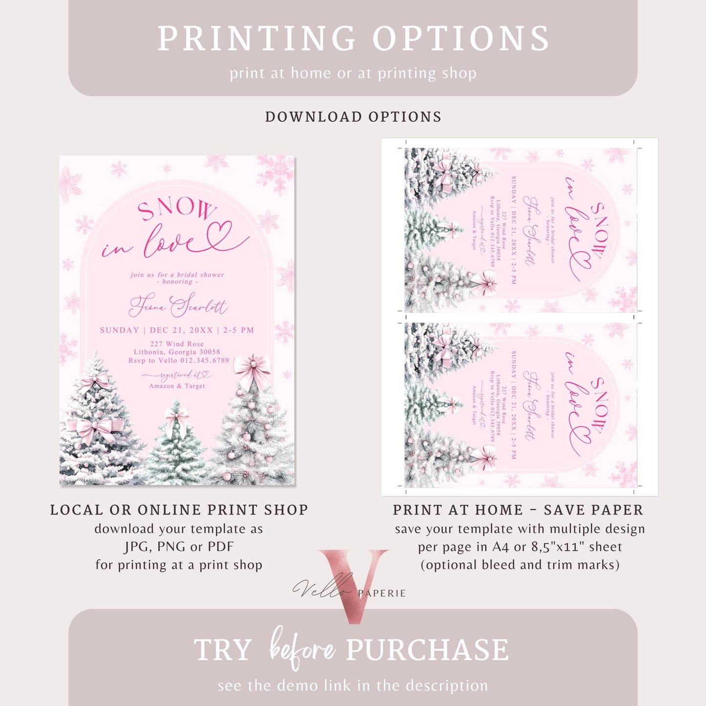 Coquette Pink SNOW in LOVE Bridal Shower Invitation | Winter Snowflakes Pink Christmas Tree Bride to Be, Couple Shower, Wedding Shower WBD01
