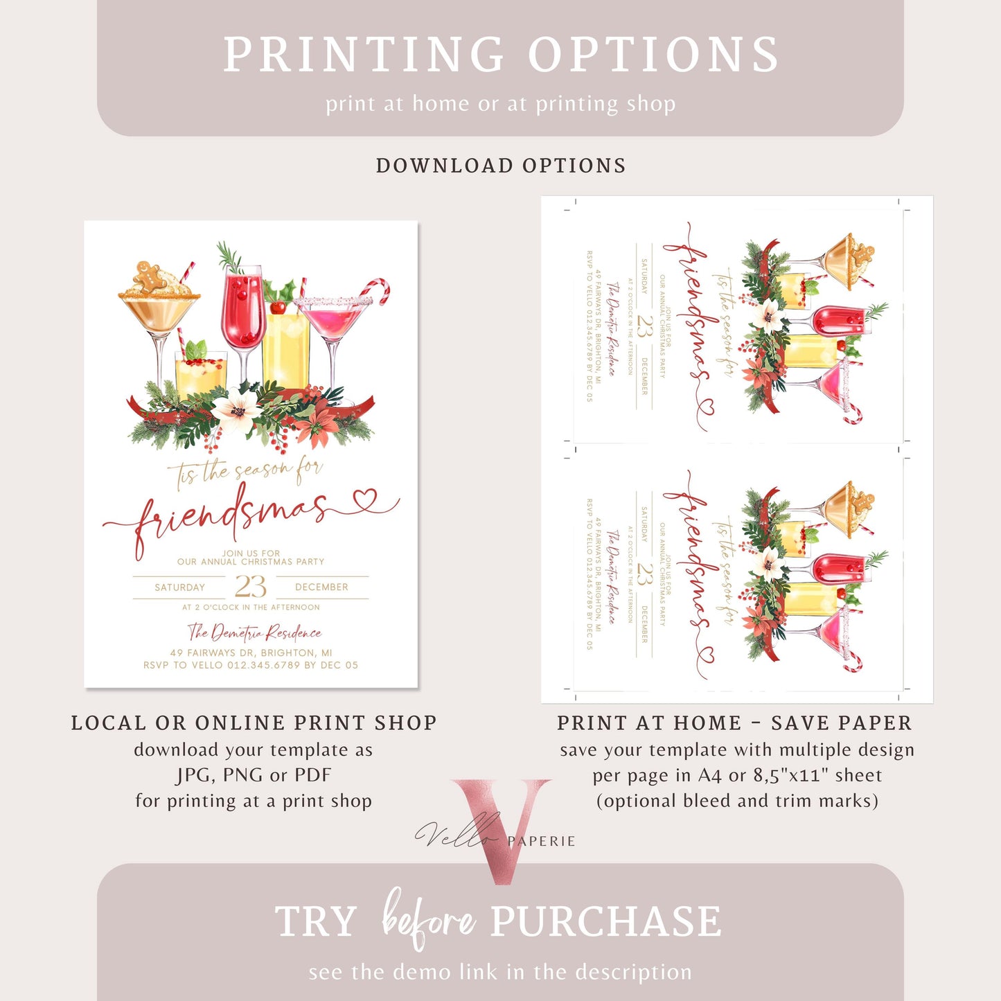 Editable Tis the season for Friendsmas Invitation | Holiday Cocktail Party | Neutral Winter Christmas Party Invite, Red Gold Green CHP01