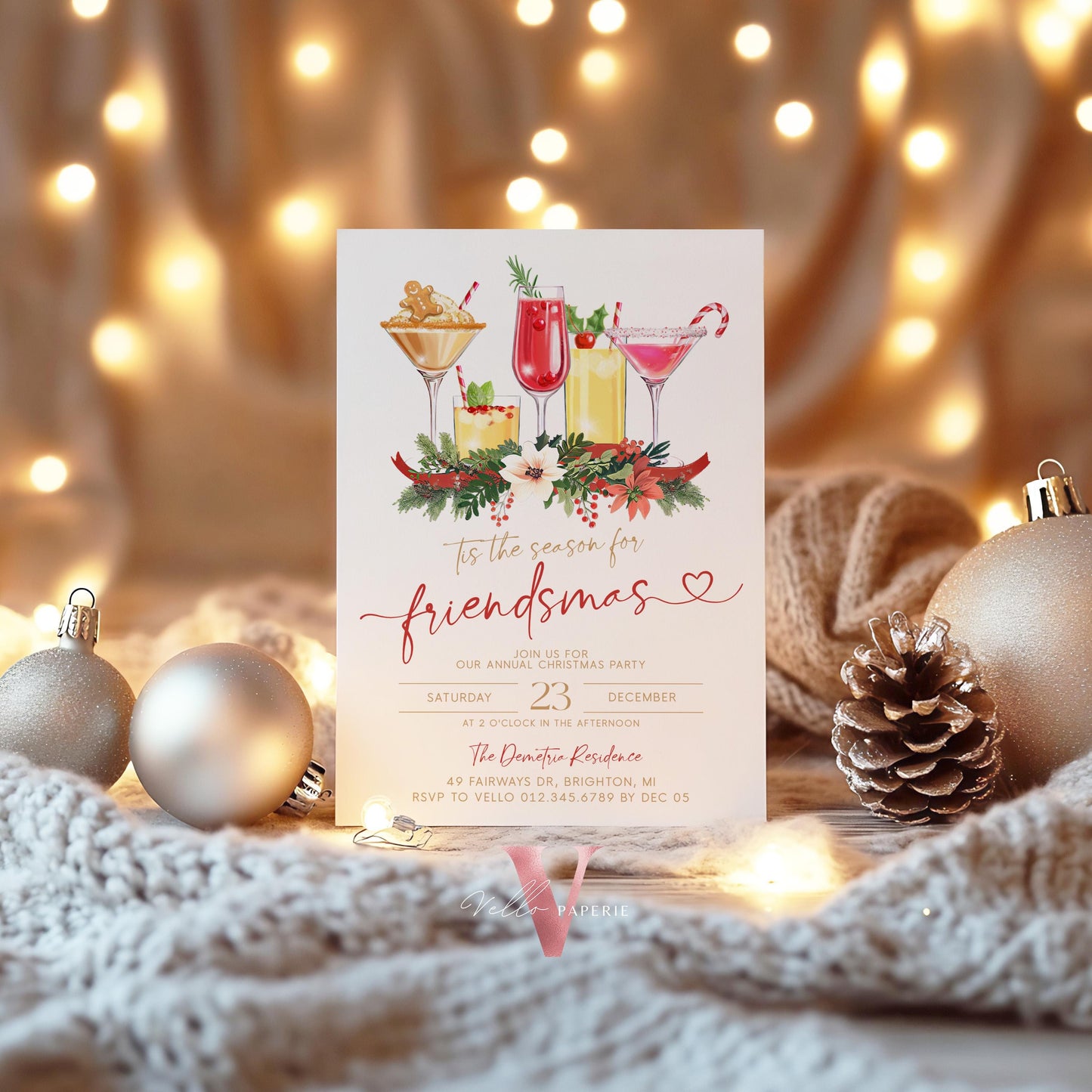 Editable Tis the season for Friendsmas Invitation | Holiday Cocktail Party | Neutral Winter Christmas Party Invite, Red Gold Green CHP01