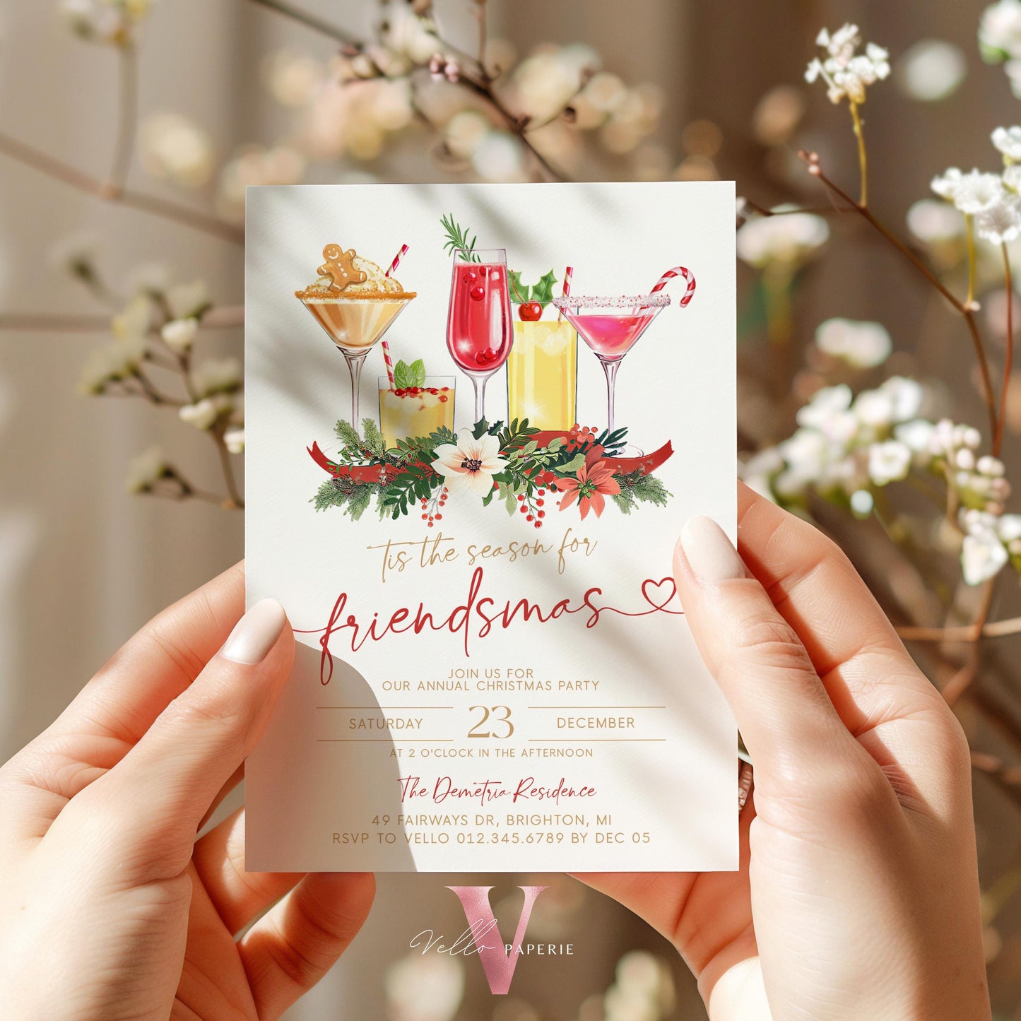 Editable Tis the season for Friendsmas Invitation | Holiday Cocktail Party | Neutral Winter Christmas Party Invite, Red Gold Green CHP01