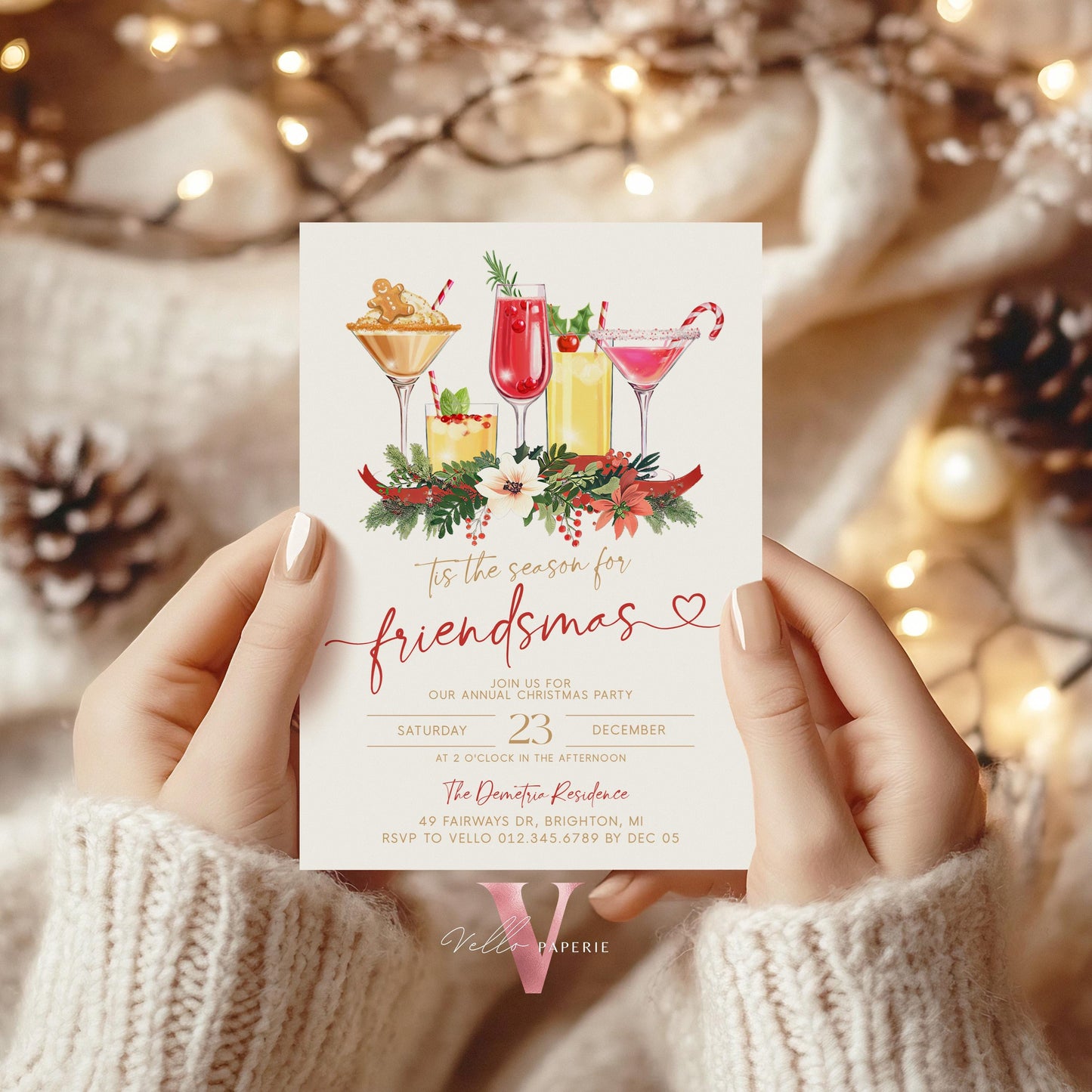 Editable Tis the season for Friendsmas Invitation | Holiday Cocktail Party | Neutral Winter Christmas Party Invite, Red Gold Green CHP01