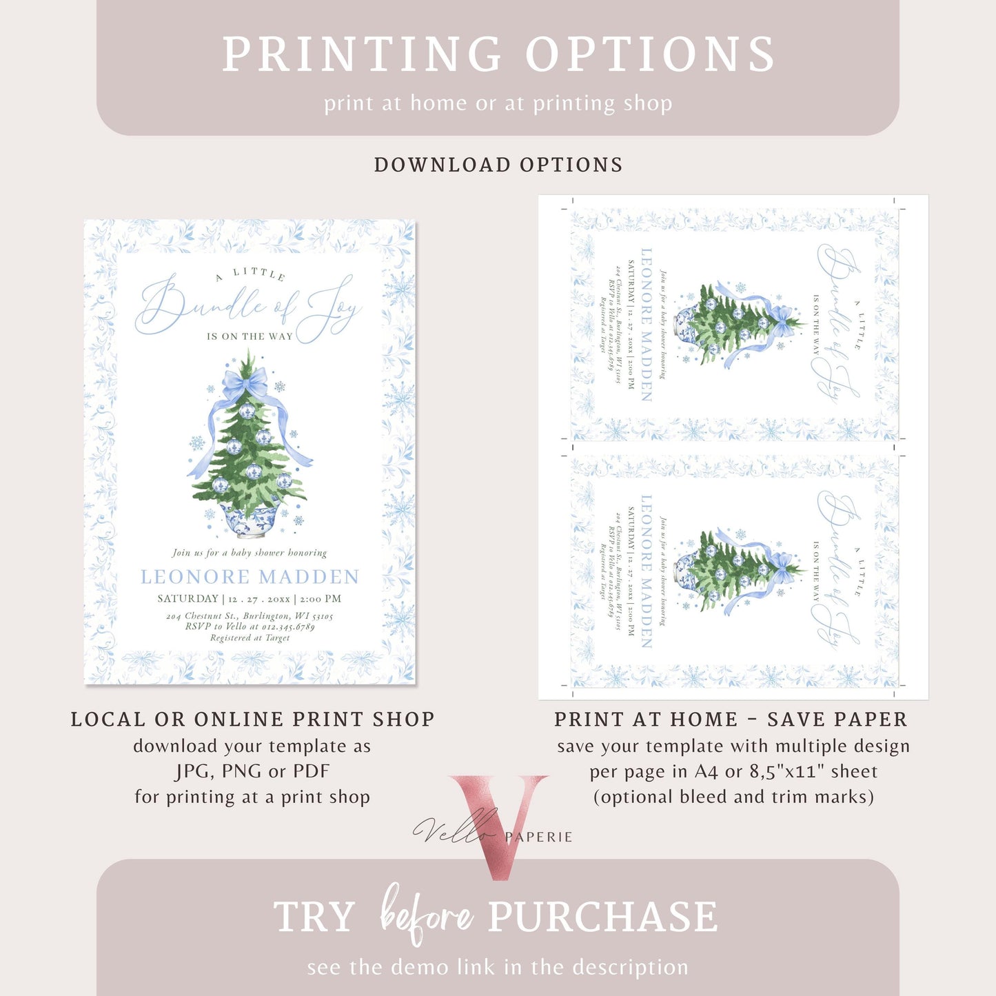 Editable Little Bundle of Joy Christmas Baby Shower Invitation | Winter Chinoiserie Christmas Baby | Blue Christmas Tree Shower Invite WBS01