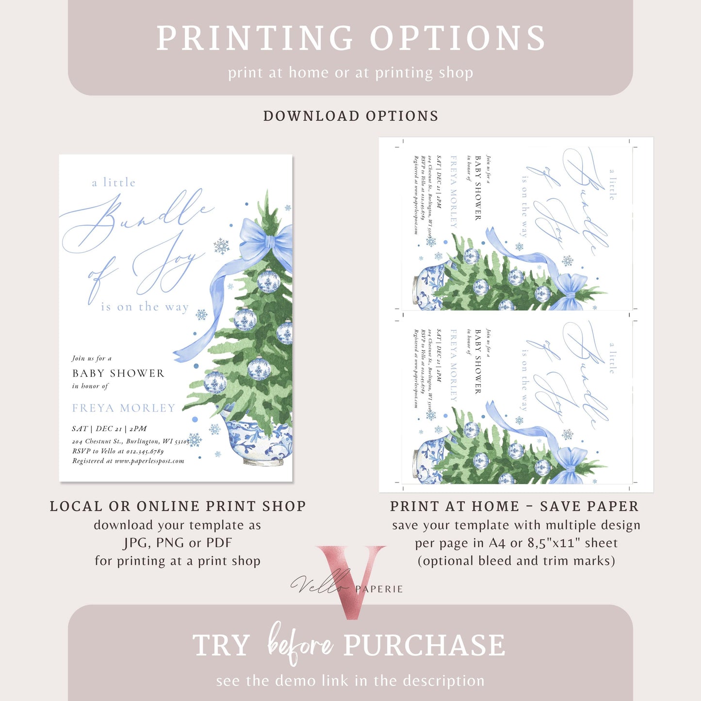 Editable Little Bundle of Joy Christmas Baby Shower Invitation | Winter Chinoiserie Christmas Baby | Blue Christmas Tree Shower Invite WBS01