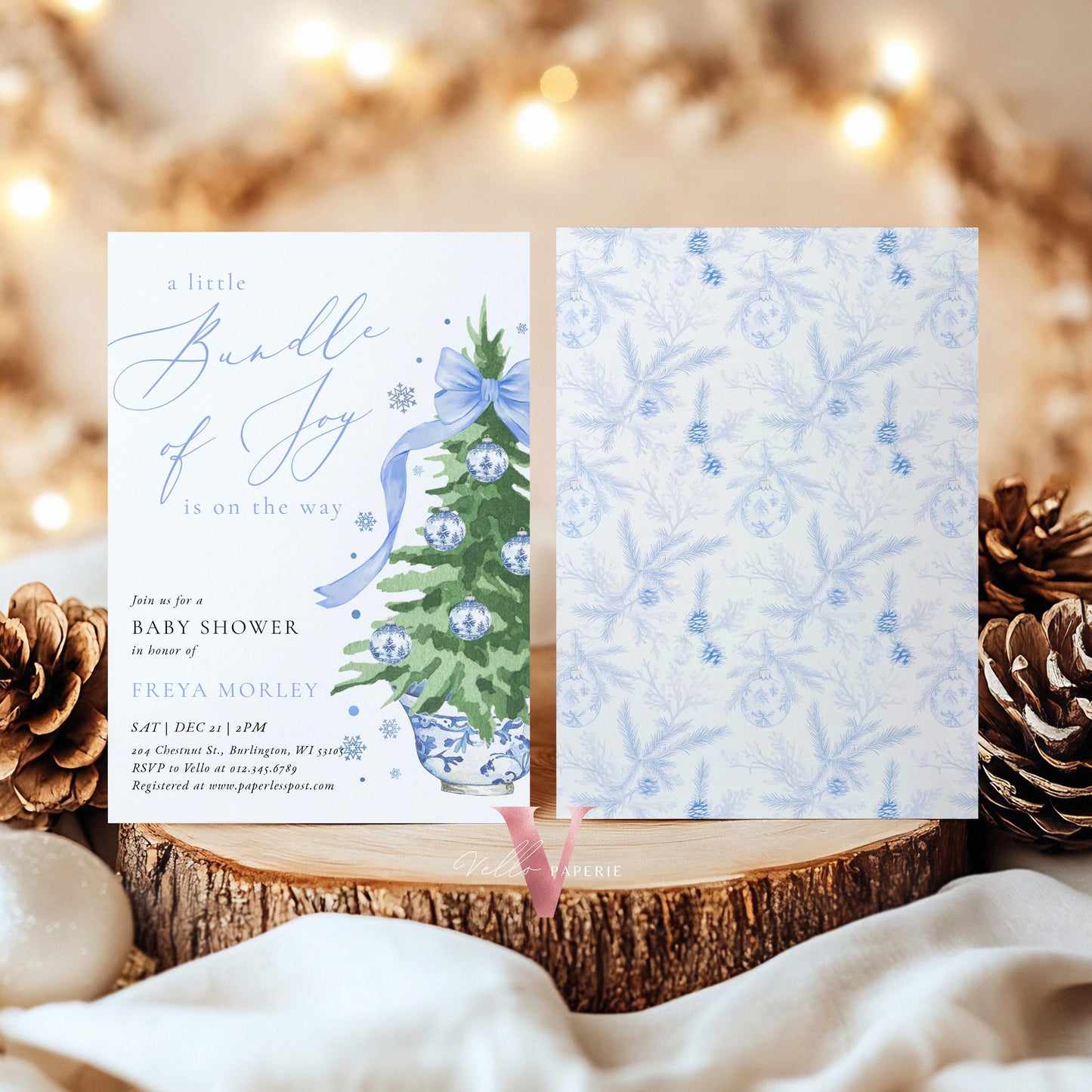 Editable Little Bundle of Joy Christmas Baby Shower Invitation | Winter Chinoiserie Christmas Baby | Blue Christmas Tree Shower Invite WBS01