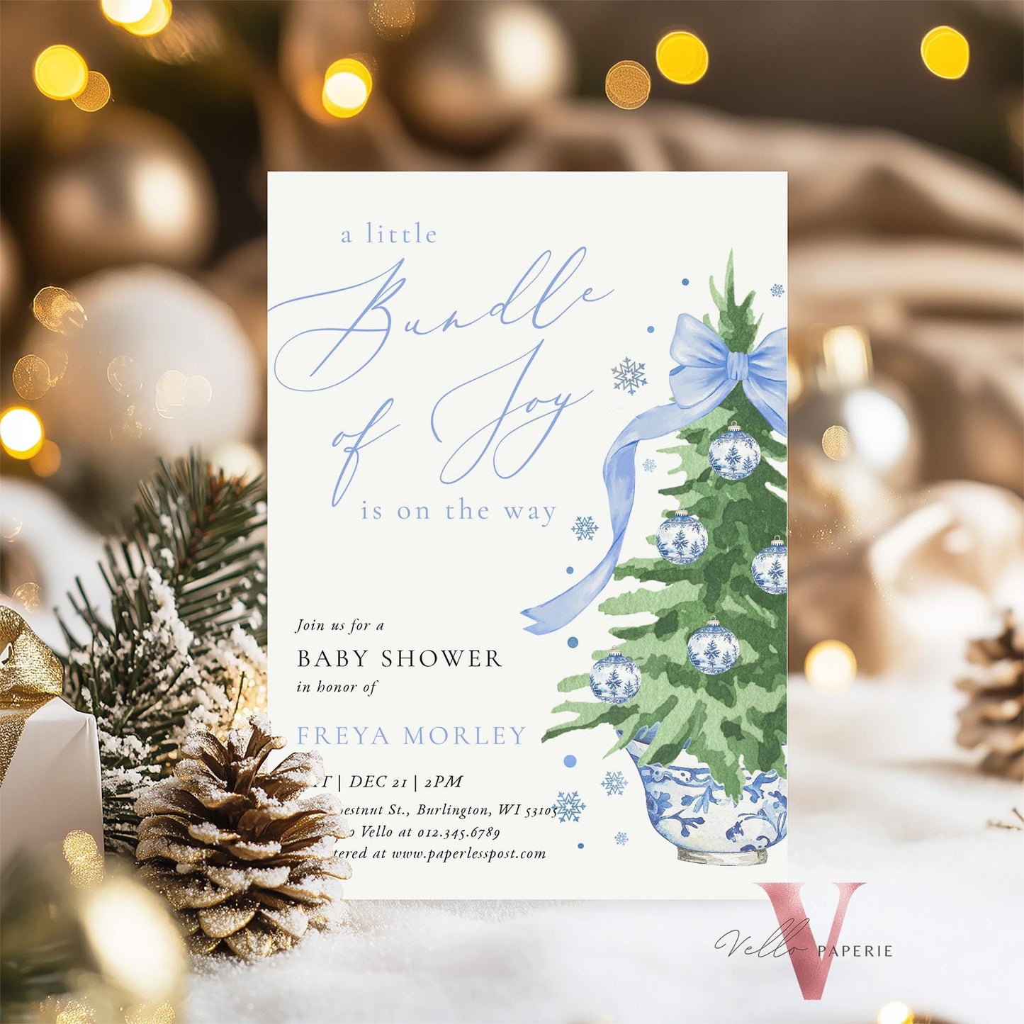 Editable Little Bundle of Joy Christmas Baby Shower Invitation | Winter Chinoiserie Christmas Baby | Blue Christmas Tree Shower Invite WBS01