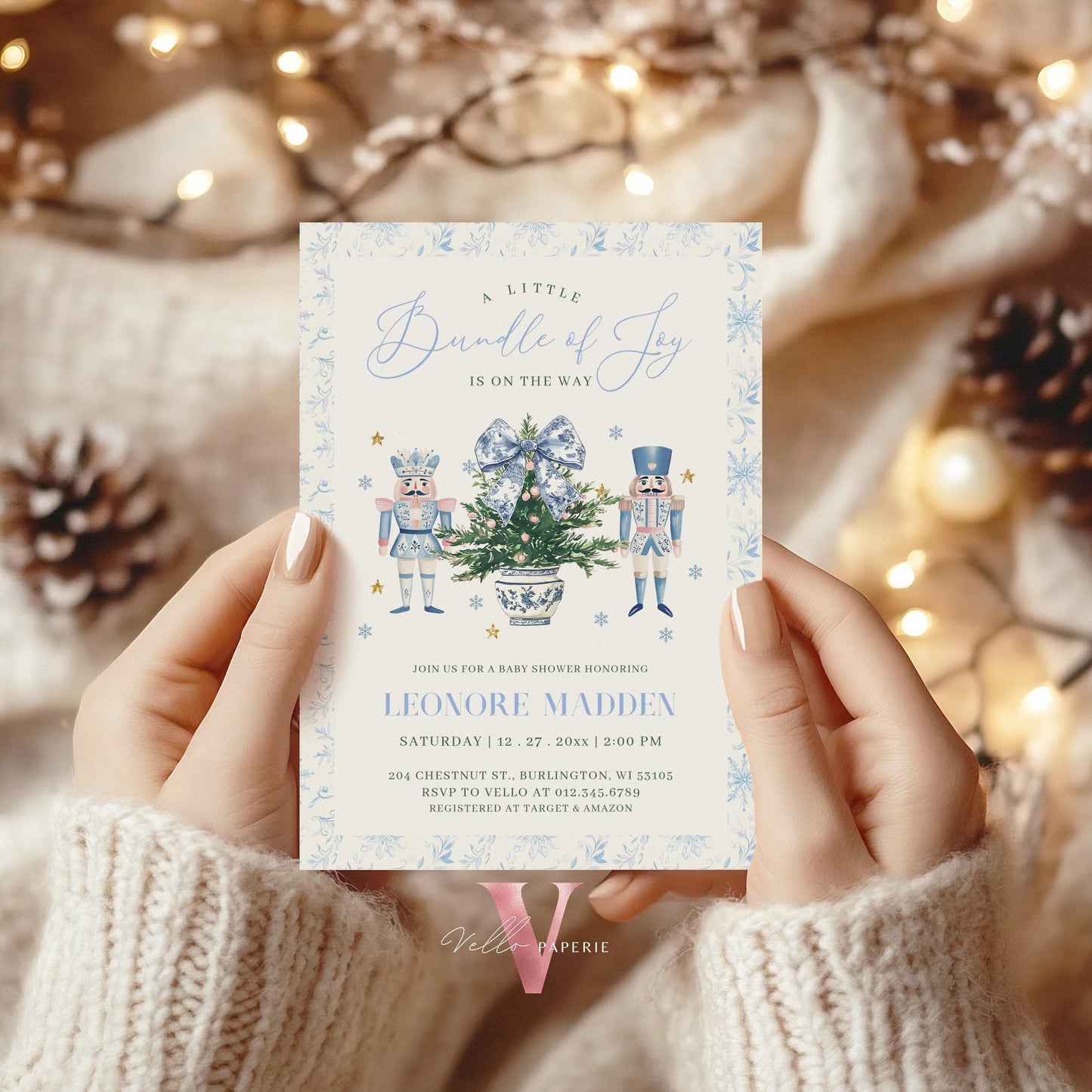 Editable Chinoiserie Christmas Baby Shower Invitation | Winter Toile de Juoy Christmas Baby | Blue Christmas Tree Nutcracker Invite WBS01