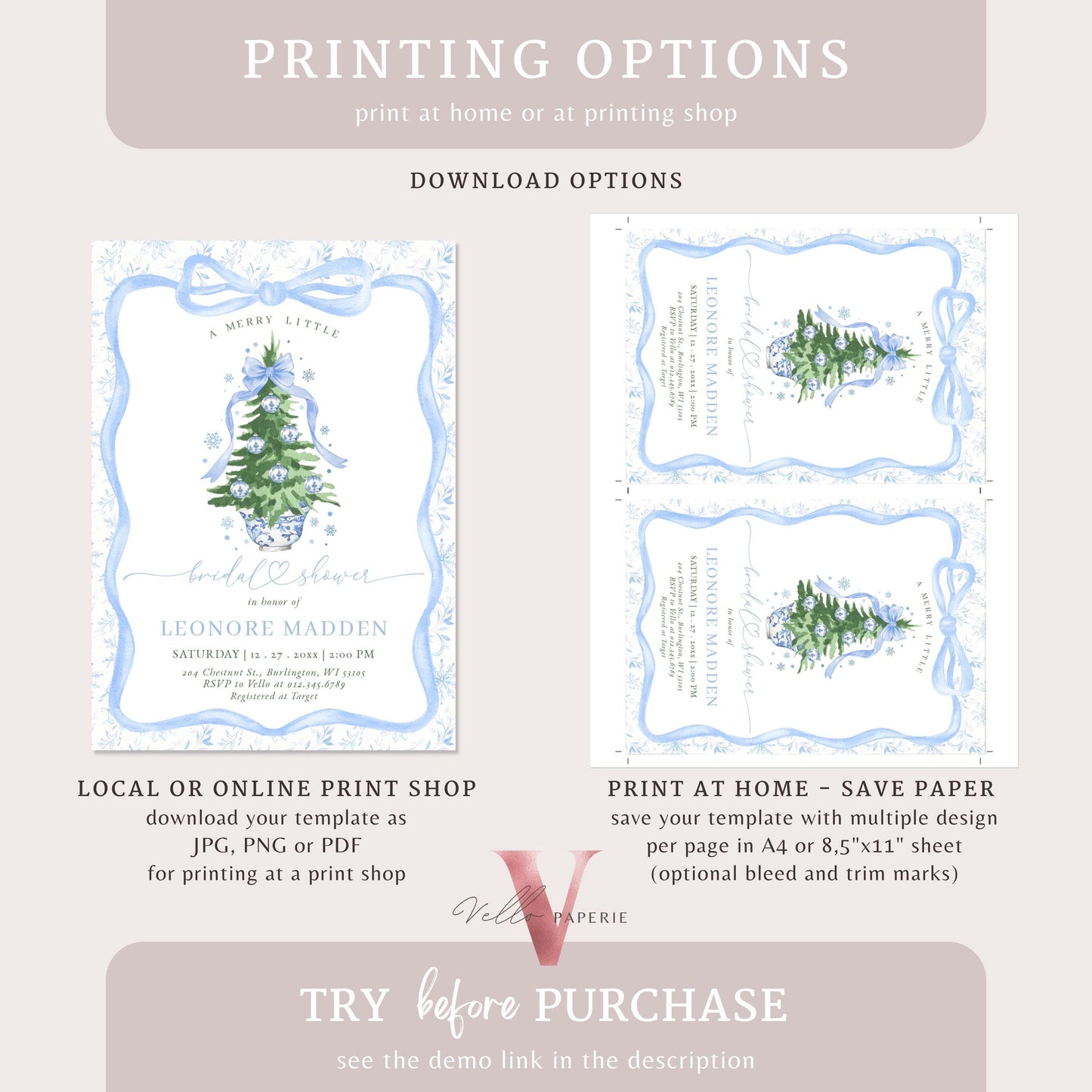 Editable Chinoiserie Christmas Bridal Shower Invitation | Blue Christmas Tree Party Invite | Winter Blue Toile de Juoy Christmas Bride WBD01
