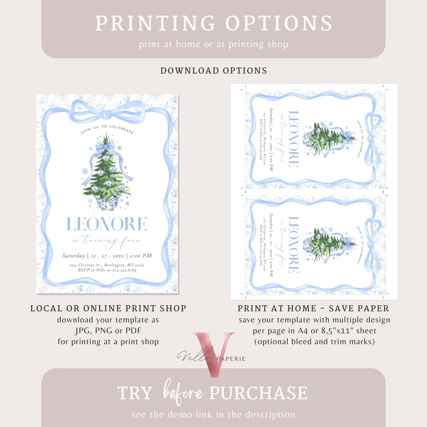 Editable Chinoiserie Christmas Birthday Invitation | Blue Christmas Tree Party Invite | Winter Bow Frame Blue Toile de Juoy Christmas CHP01