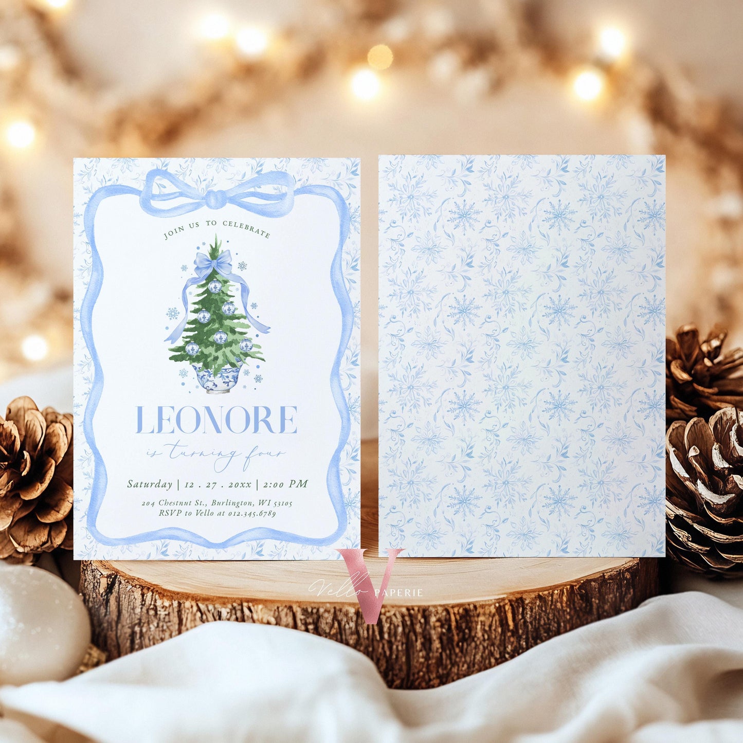 Editable Chinoiserie Christmas Birthday Invitation | Blue Christmas Tree Party Invite | Winter Bow Frame Blue Toile de Juoy Christmas CHP01