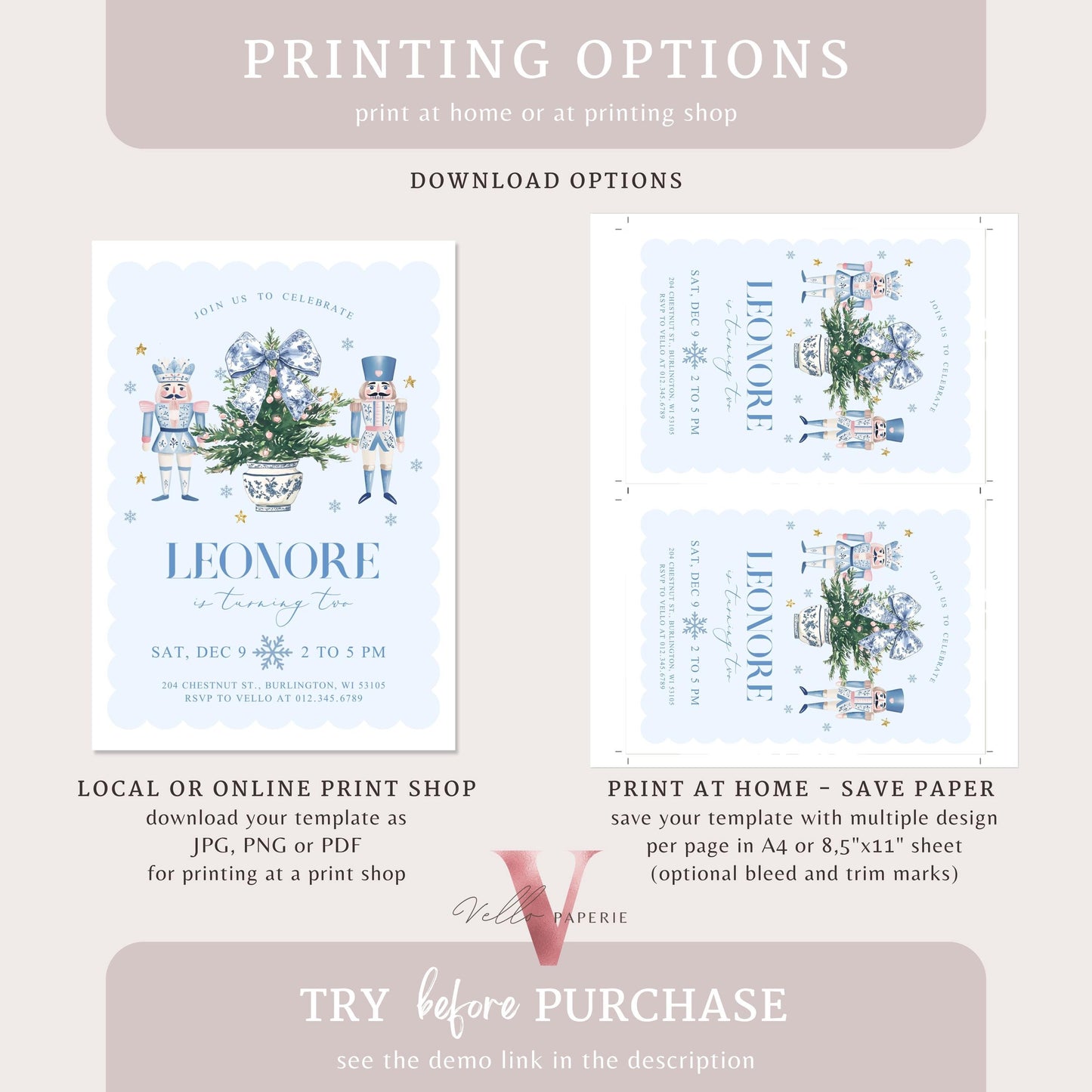 Editable Chinoiserie Christmas Birthday Invitation | Blue Christmas Tree Party Invite | Winter Bow Frame Blue Xmas Nutcracker Party CHP01