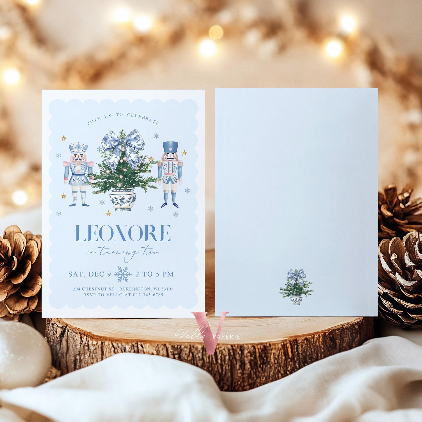 Editable Chinoiserie Christmas Birthday Invitation | Blue Christmas Tree Party Invite | Winter Bow Frame Blue Xmas Nutcracker Party CHP01