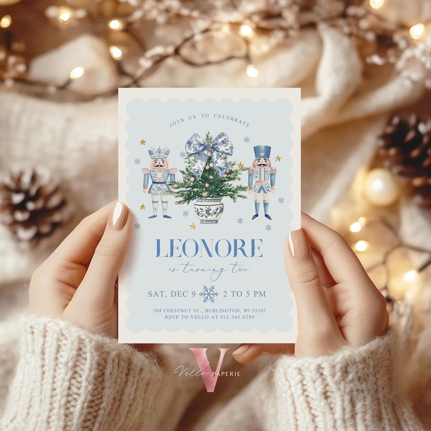 Editable Chinoiserie Christmas Birthday Invitation | Blue Christmas Tree Party Invite | Winter Bow Frame Blue Xmas Nutcracker Party CHP01