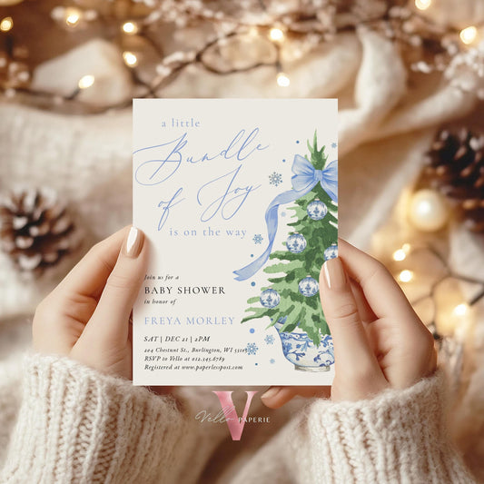 Editable Little Bundle of Joy Christmas Baby Shower Invitation | Winter Chinoiserie Christmas Baby | Blue Christmas Tree Shower Invite WBS01
