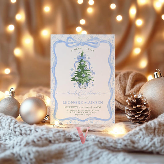Editable Chinoiserie Christmas Bridal Shower Invitation | Blue Christmas Tree Party Invite | Winter Blue Toile de Juoy Christmas Bride WBD01