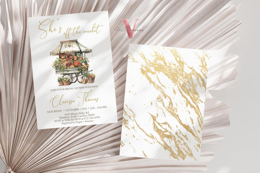 Off the Market Bridal Shower Party Invitation | She's off the Market Invite | Flower Fruit Store Watercolor Glitter Gold Instant Template