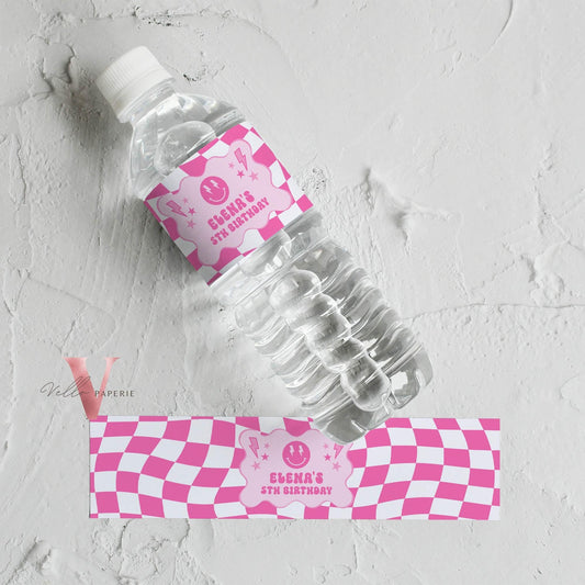 Editable Pink Smile Face Groovy Water Bottle Label | Retro Happy Face Birthday Party Drink | Emoji Face Lighting Bolt Party Decor PSG01