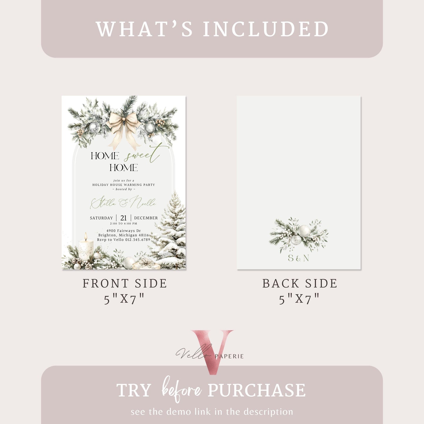 Winter House Warming Invitation | Beige Neutral Home Sweet Home Party Invite | Modern Rustic New House Celebration Christmas Decor WHW01