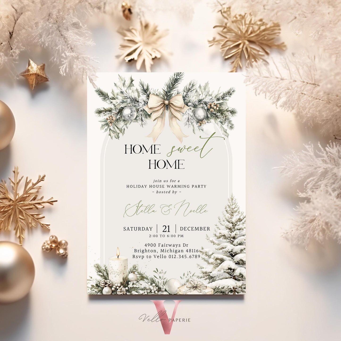 Winter House Warming Invitation | Beige Neutral Home Sweet Home Party Invite | Modern Rustic New House Celebration Christmas Decor WHW01