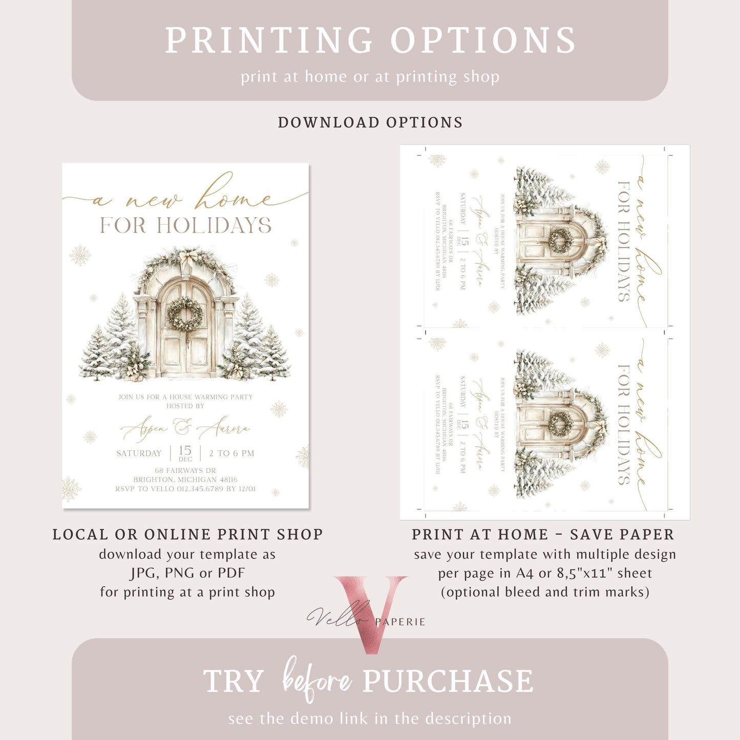 Winter House Warming Invitation | Beige Silver Home Sweet Home Party Invite | Modern or Rustic New House Celebration Christmas Decor WHW01