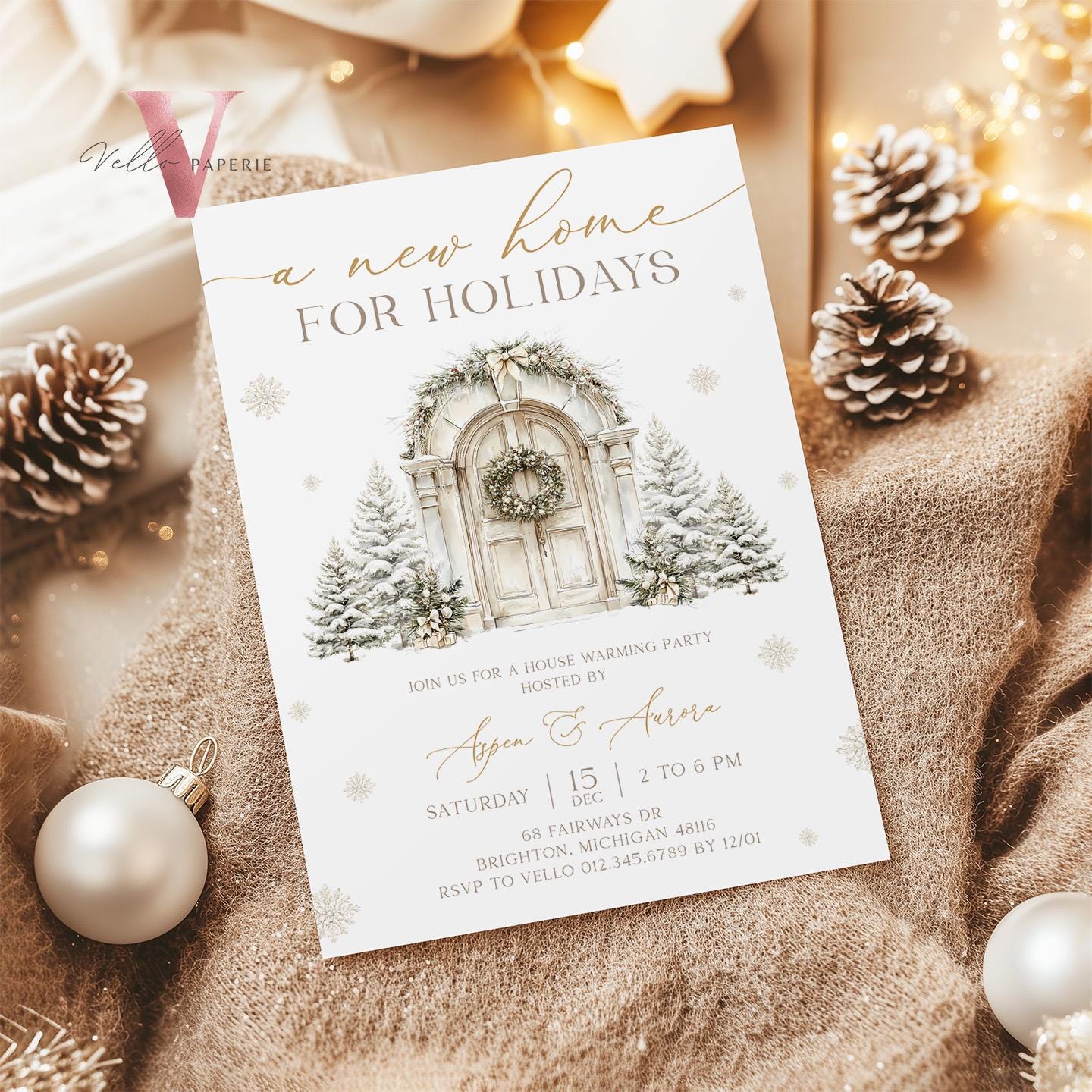 Winter House Warming Invitation | Beige Silver Home Sweet Home Party Invite | Modern or Rustic New House Celebration Christmas Decor WHW01