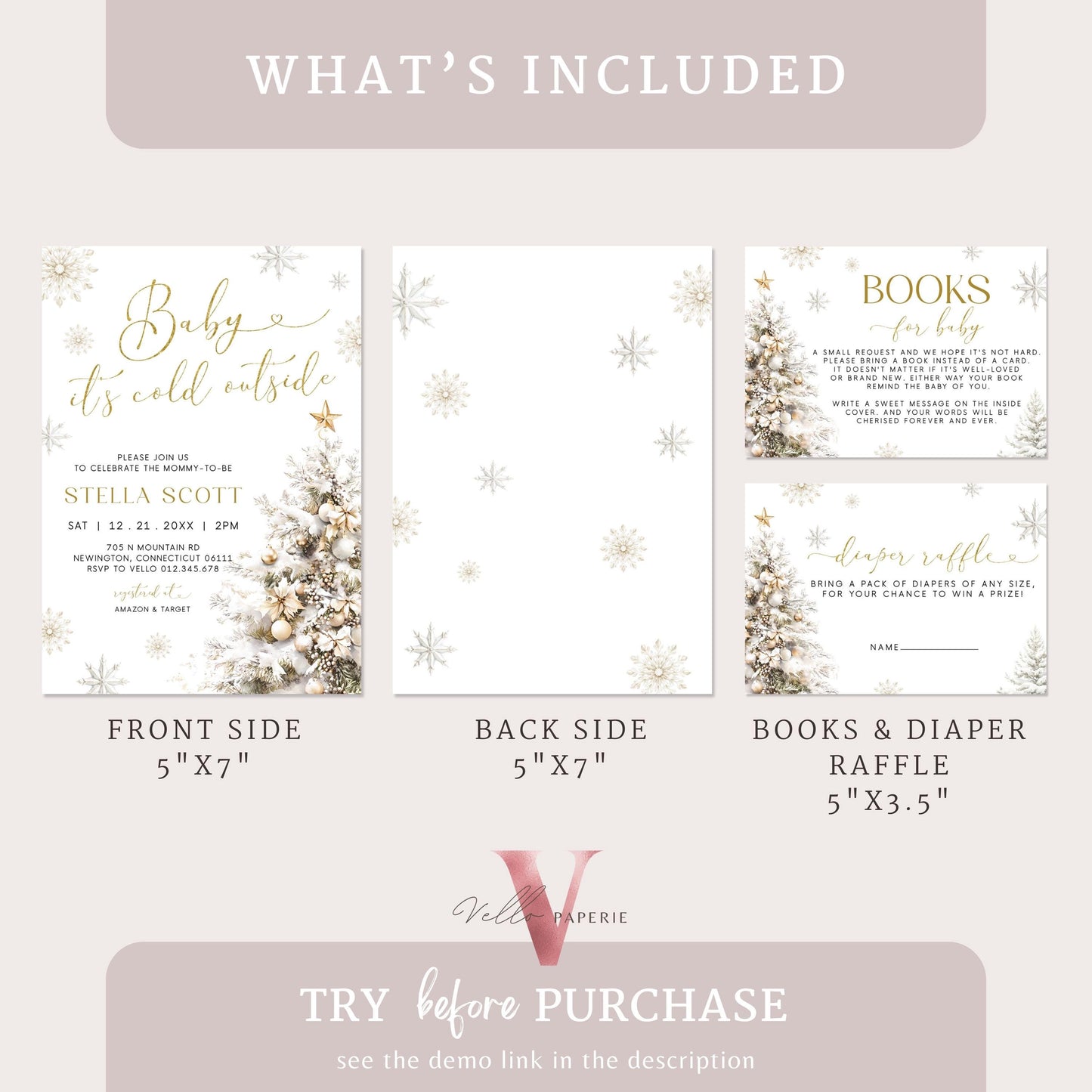 Neutral Baby It's Cold Outside Baby Shower Invitation | Winter Snowflakes Baby Shower Invite | Modern Silver Gold Christmas Tree Baby WBS01