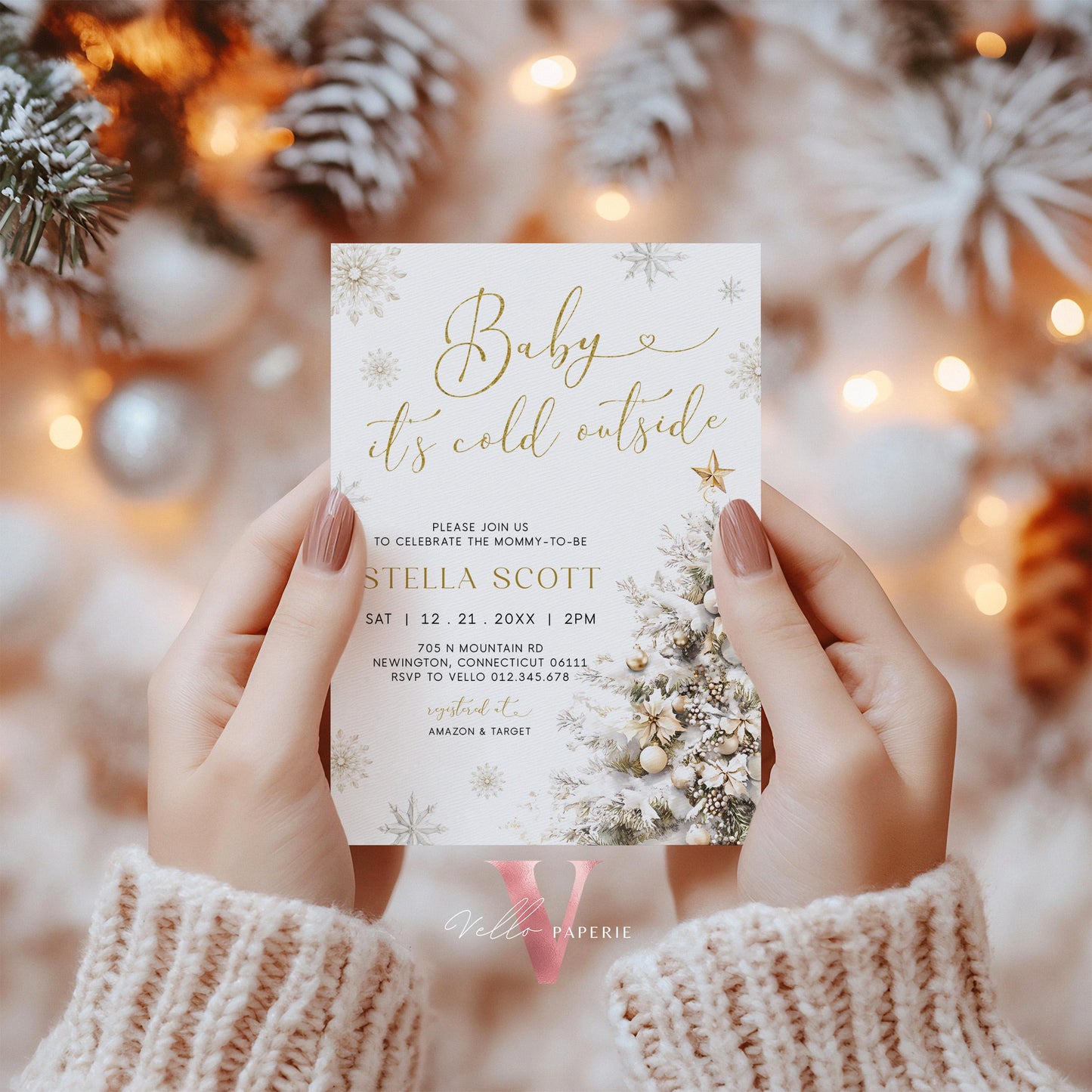 Neutral Baby It's Cold Outside Baby Shower Invitation | Winter Snowflakes Baby Shower Invite | Modern Silver Gold Christmas Tree Baby WBS01