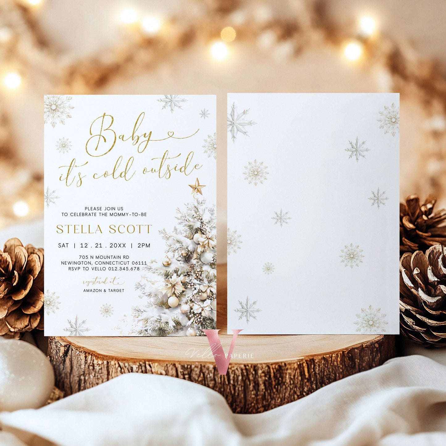 Neutral Baby It's Cold Outside Baby Shower Invitation | Winter Snowflakes Baby Shower Invite | Modern Silver Gold Christmas Tree Baby WBS01