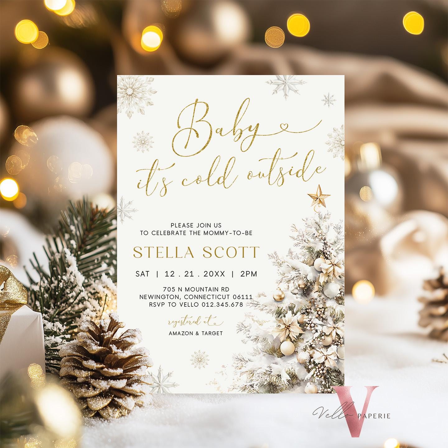 Neutral Baby It's Cold Outside Baby Shower Invitation | Winter Snowflakes Baby Shower Invite | Modern Silver Gold Christmas Tree Baby WBS01