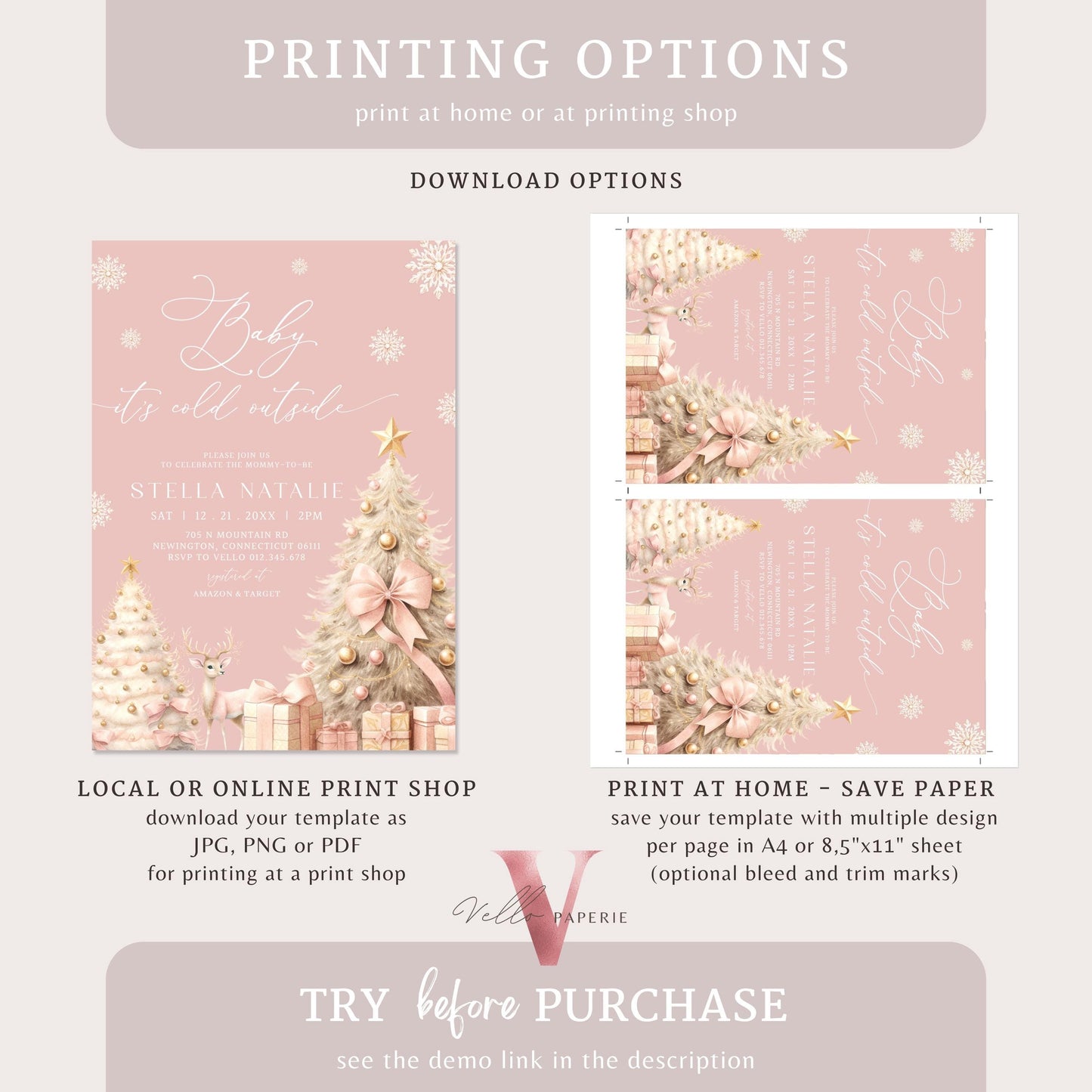BUNDLE Blush Pink Baby It's Cold Outside Shower Invitation | Winter Snowflakes Baby Invite | Modern Pink Christmas Tree Baby Shower WBS01