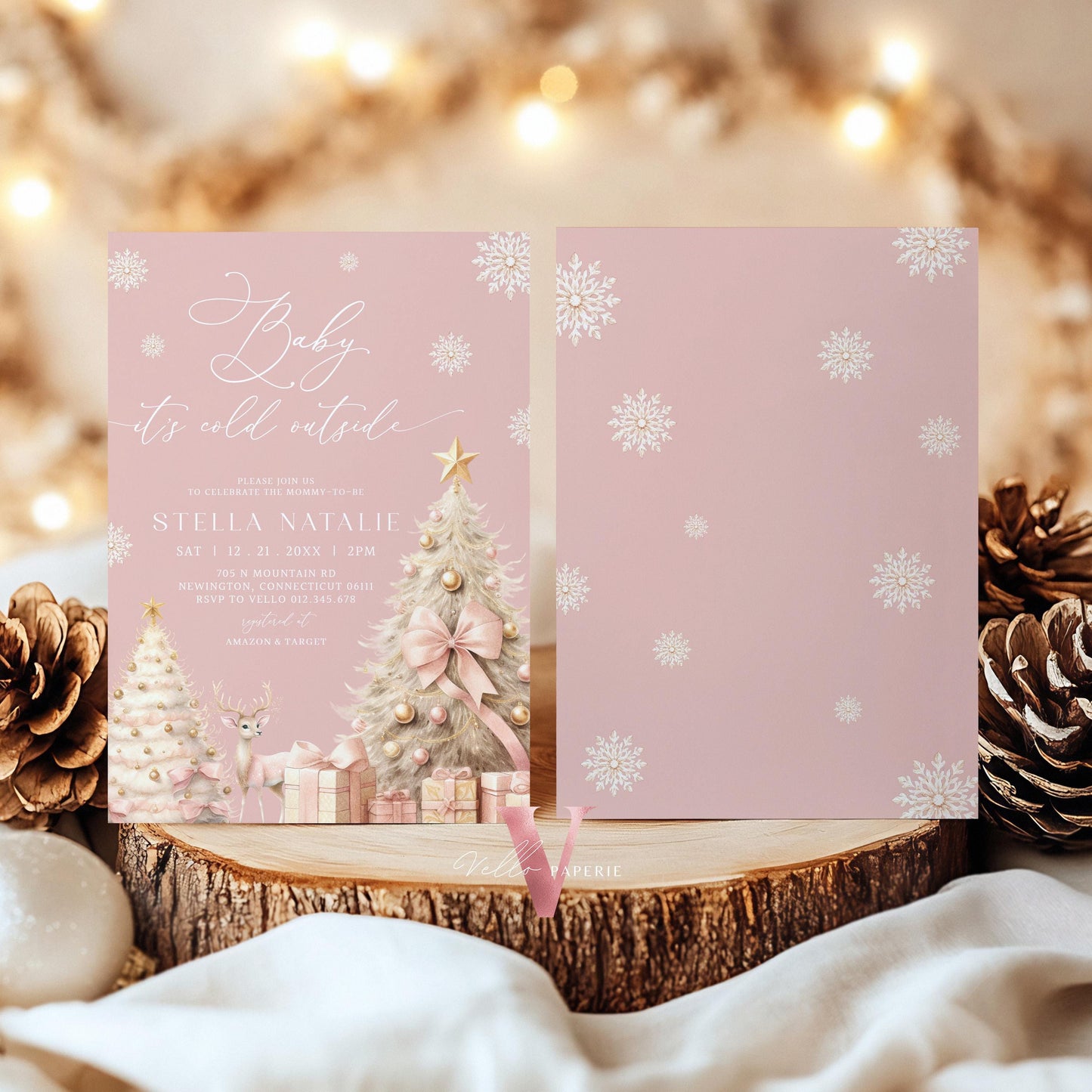 BUNDLE Blush Pink Baby It's Cold Outside Shower Invitation | Winter Snowflakes Baby Invite | Modern Pink Christmas Tree Baby Shower WBS01