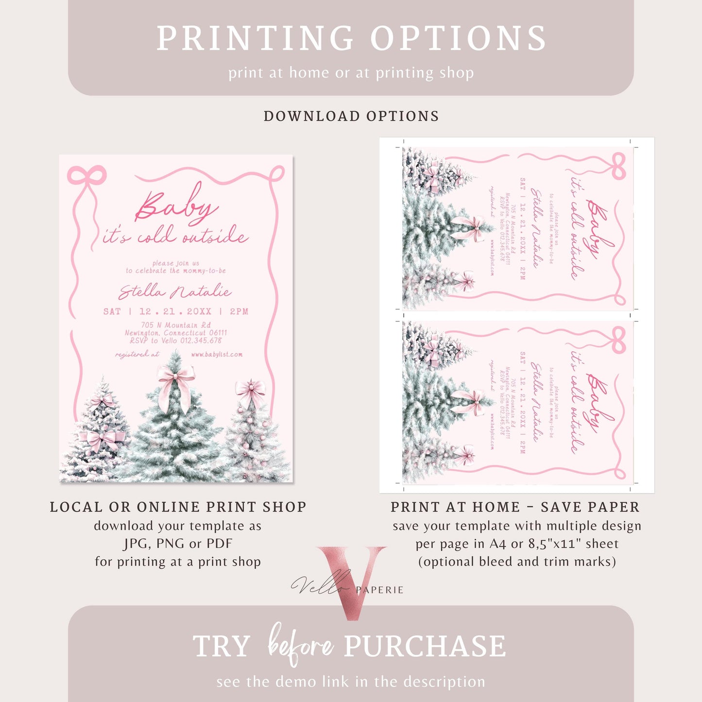 BUNDLE Cute Pink Baby It's Cold Outside Shower Invitation | Winter Snowflakes Baby Invite | Modern Pink Christmas Tree Baby Shower WBS01