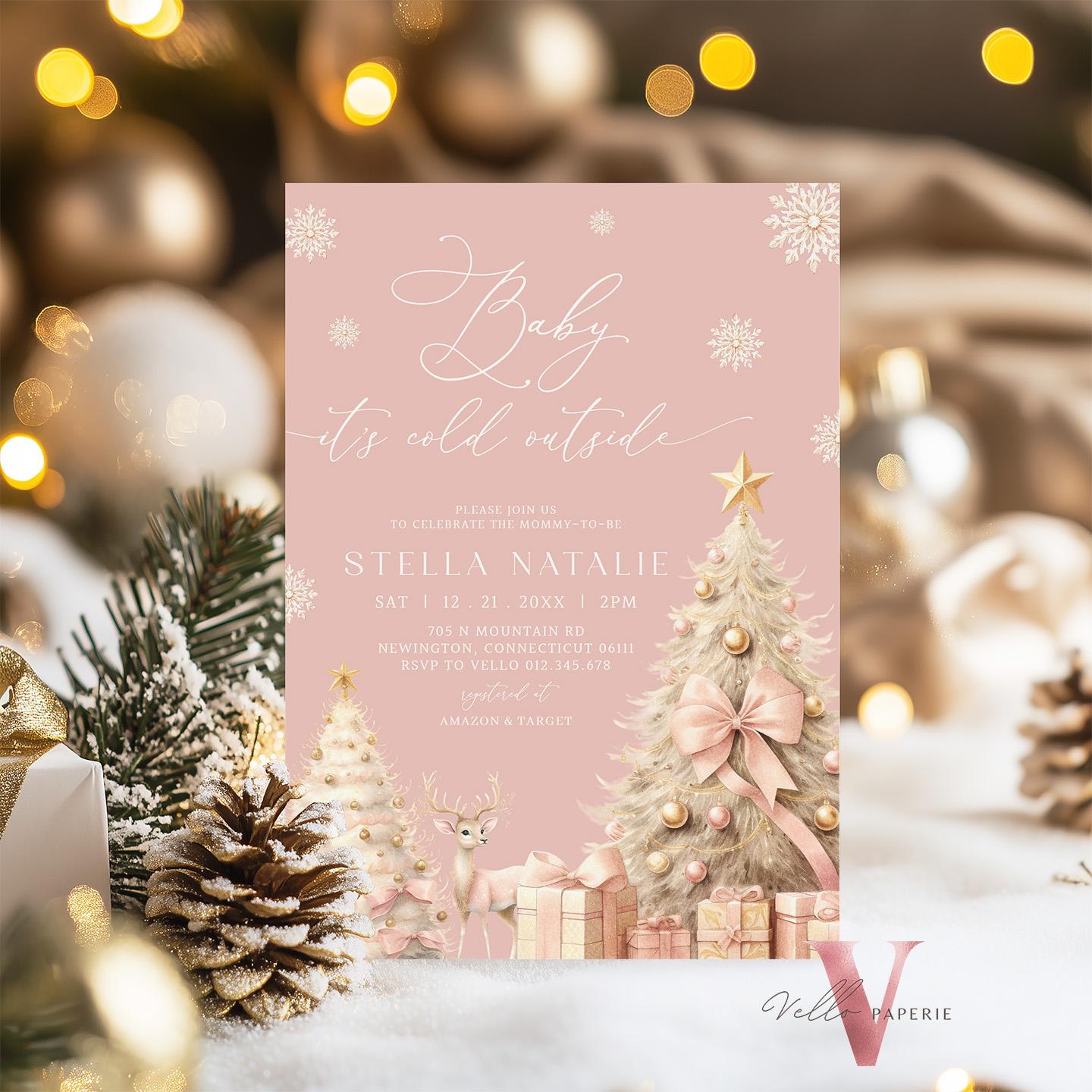 BUNDLE Blush Pink Baby It's Cold Outside Shower Invitation | Winter Snowflakes Baby Invite | Modern Pink Christmas Tree Baby Shower WBS01