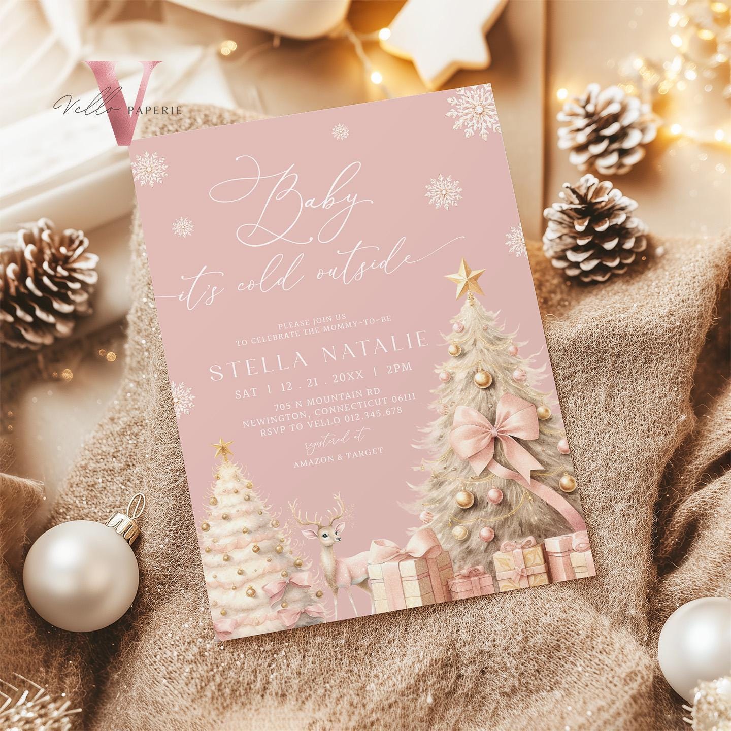 BUNDLE Blush Pink Baby It's Cold Outside Shower Invitation | Winter Snowflakes Baby Invite | Modern Pink Christmas Tree Baby Shower WBS01