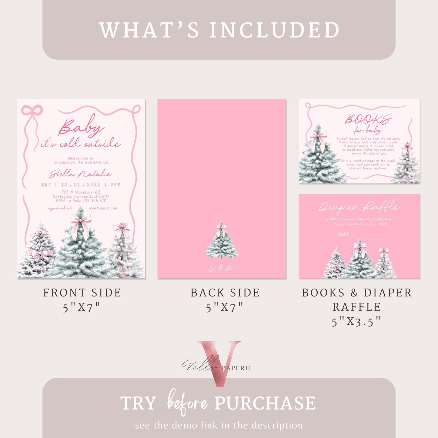BUNDLE Cute Pink Baby It's Cold Outside Shower Invitation | Winter Snowflakes Baby Invite | Modern Pink Christmas Tree Baby Shower WBS01