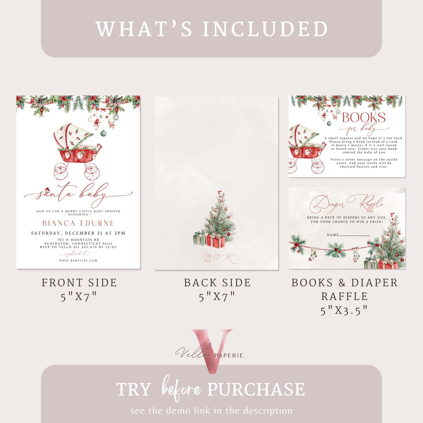 BUNDLE Little Santa Baby Shower Invitation | Winter Gender Neutral Baby Invite | Modern Christmas Leaves Baby Carriage, Stroller Baby CWBS01