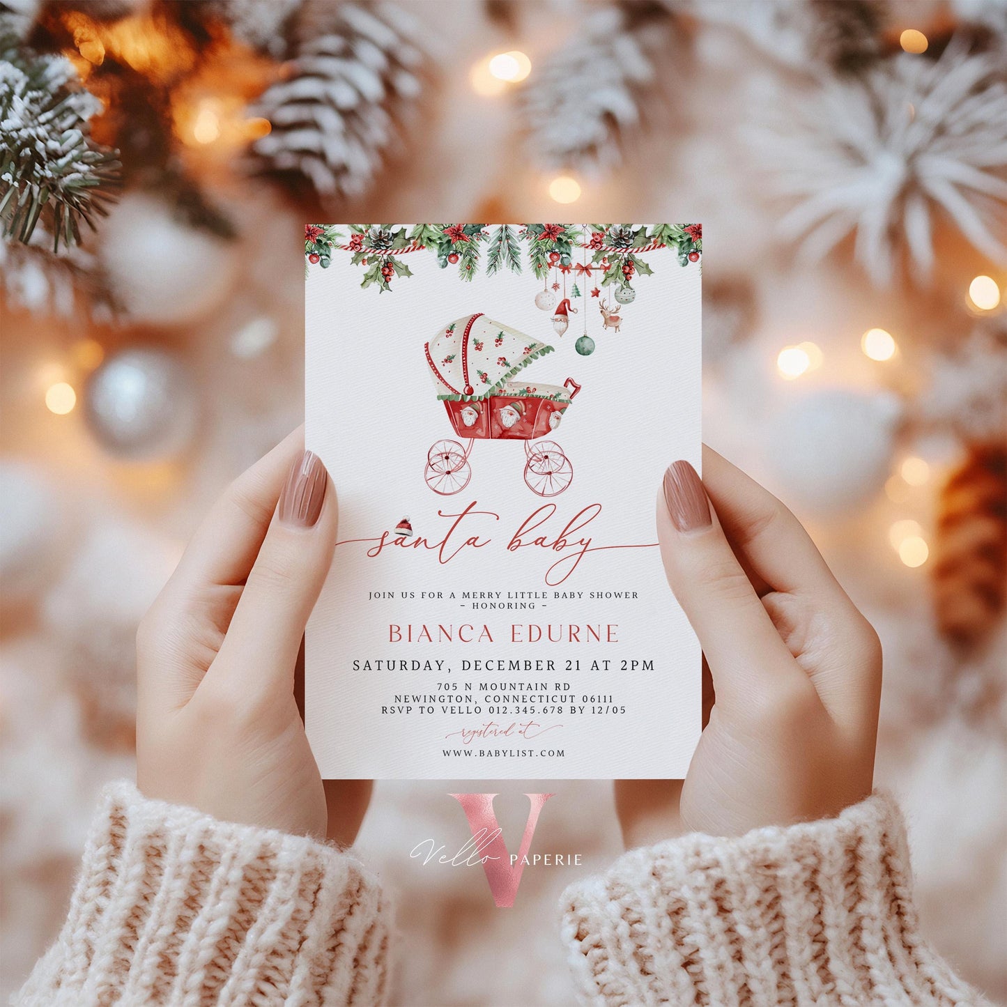 BUNDLE Little Santa Baby Shower Invitation | Winter Gender Neutral Baby Invite | Modern Christmas Leaves Baby Carriage, Stroller Baby CWBS01