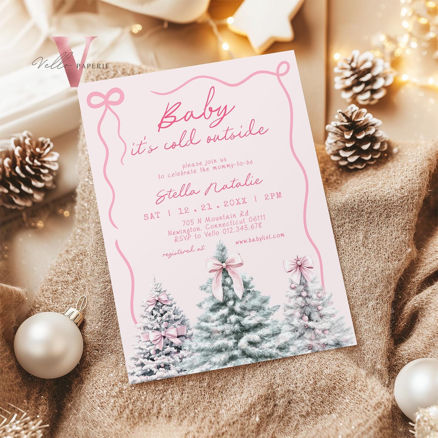 BUNDLE Cute Pink Baby It's Cold Outside Shower Invitation | Winter Snowflakes Baby Invite | Modern Pink Christmas Tree Baby Shower WBS01